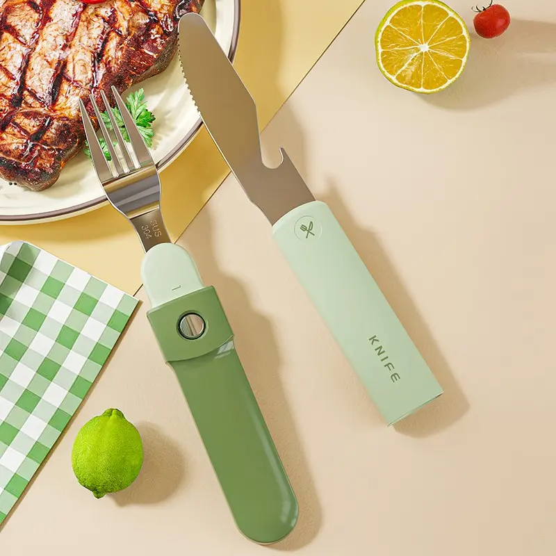 4-In-1 Multi-Functional Portable 304 Stainless Steel Fruit Fork, Outdoor Camping BBQ Western Steak Knife Fork Set, Home Use Cutlery Kit Camping Utensils