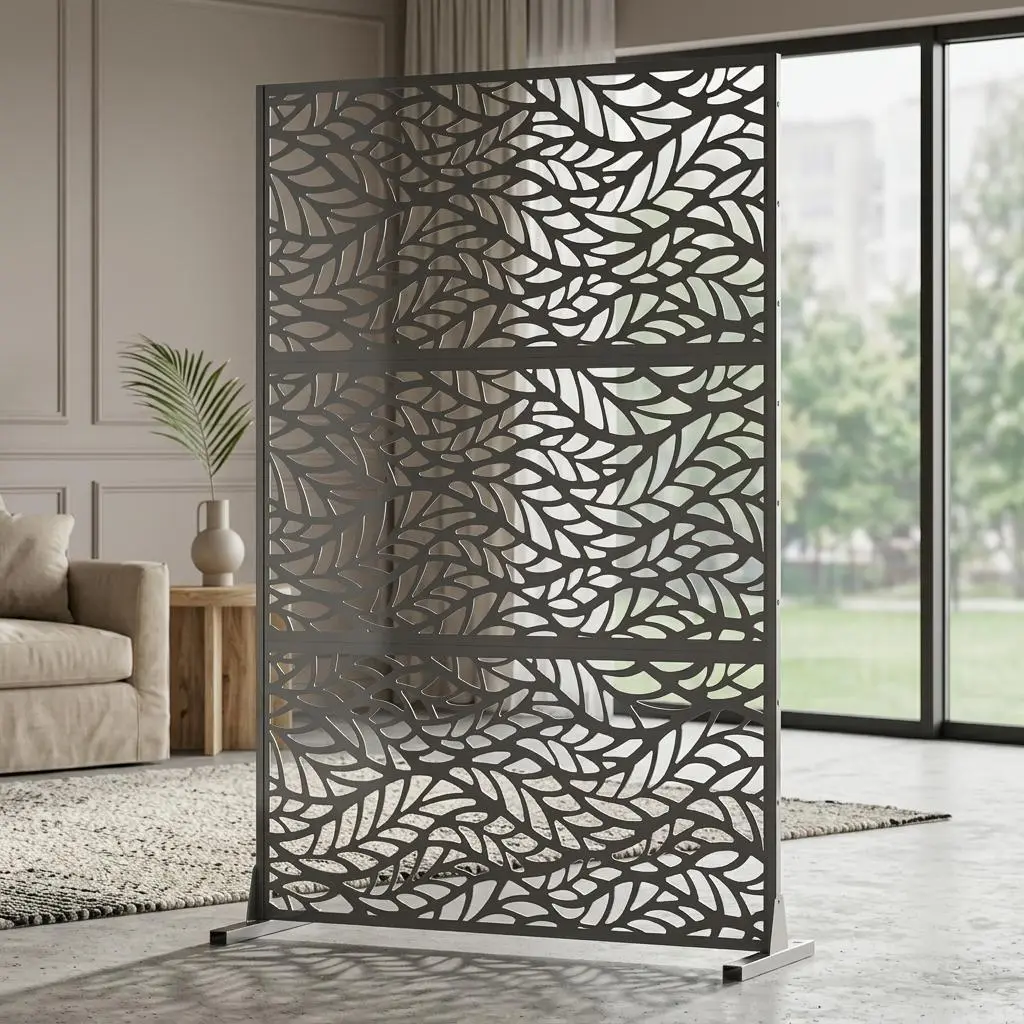 74" h x 47.2" w Metal Privacy Screen with Stand - Decorative Outdoor Room Divider Panels - Freestanding Patio Partition for Deck, Balcony, Garden - Indoor & Outdoor Use (Black Chevron Design)