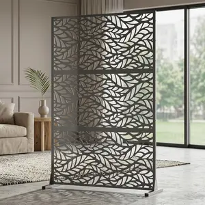 74" h x 47.2" w Metal Privacy Screen with Stand - Decorative Outdoor Room Divider Panels - Freestanding Patio Partition for Deck, Balcony, Garden - Indoor & Outdoor Use (Black Chevron Design)