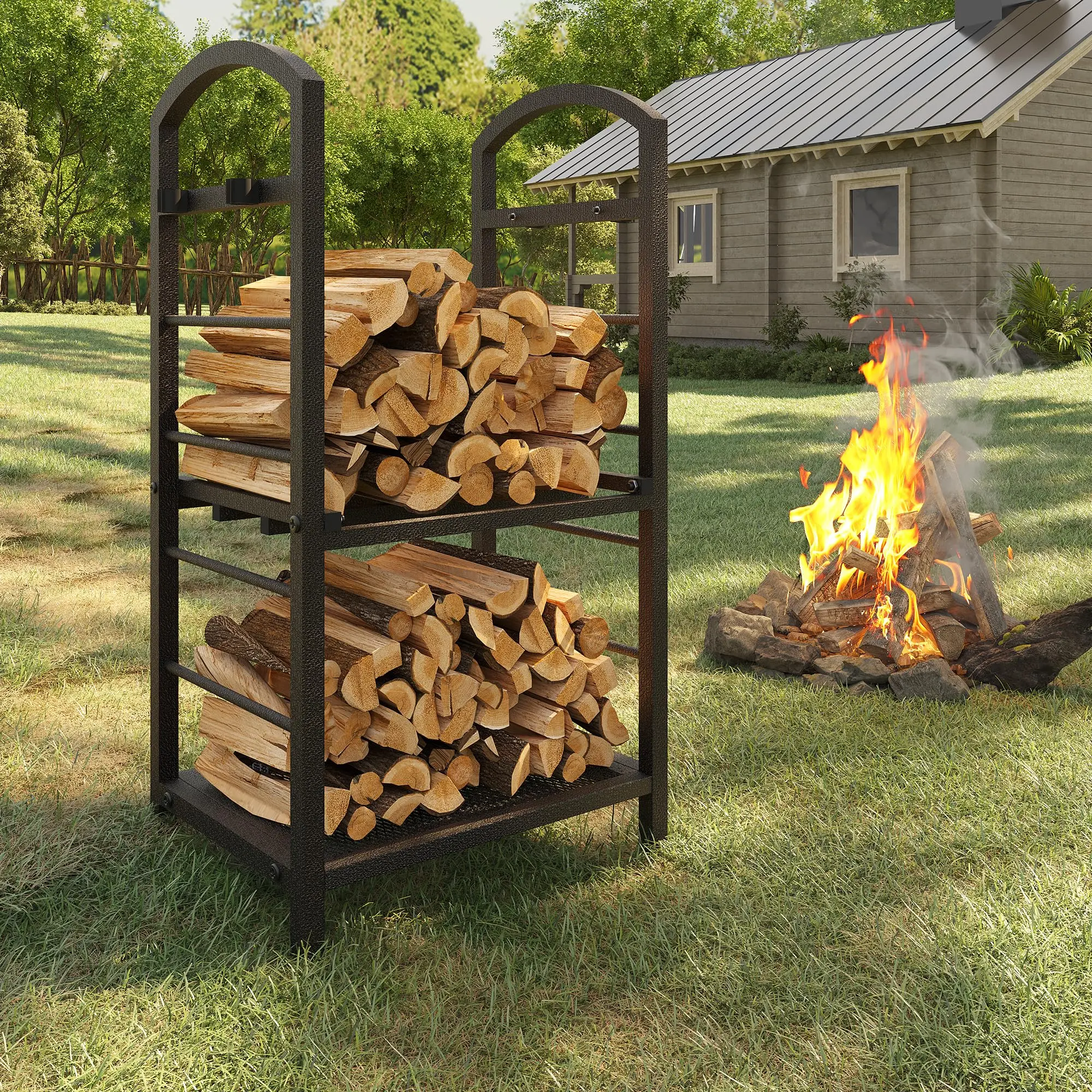 2-Tier Firewood Rack Outdoor Indoor with Kindling Hooks,30" Metal Wood Rack,Stable Log Holder Rustproof,Heavy Duty Firewood Storage Organizer Tool for Fireplace Patio Deck Firepit
