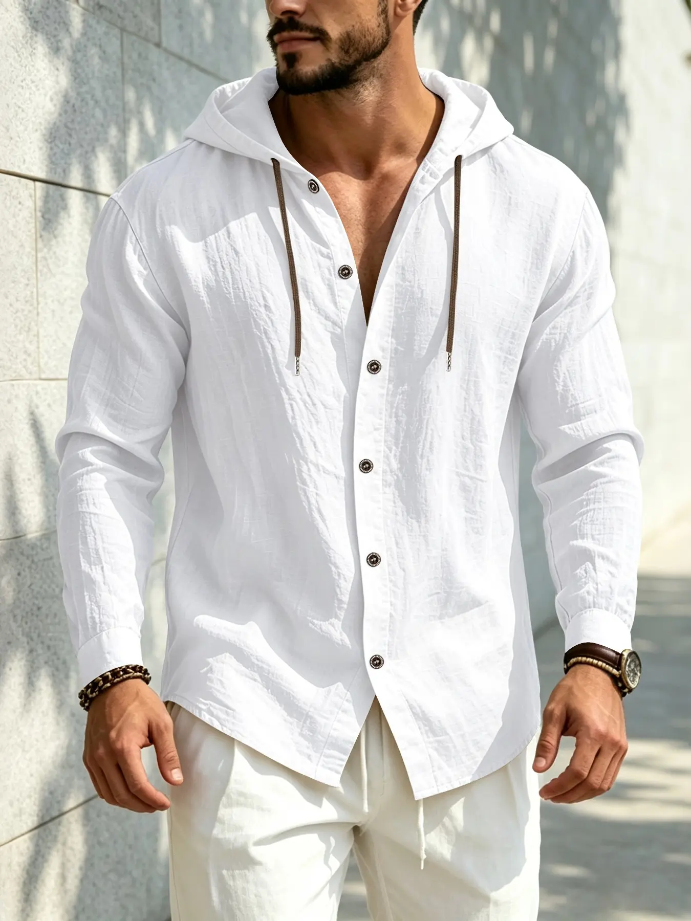 Men's Hooded Linen Long Sleeve Shirt, Drawstring Hoodie Button Open Front, Loose Fit Breathable Casual Top, Comfortable Everyday Wear