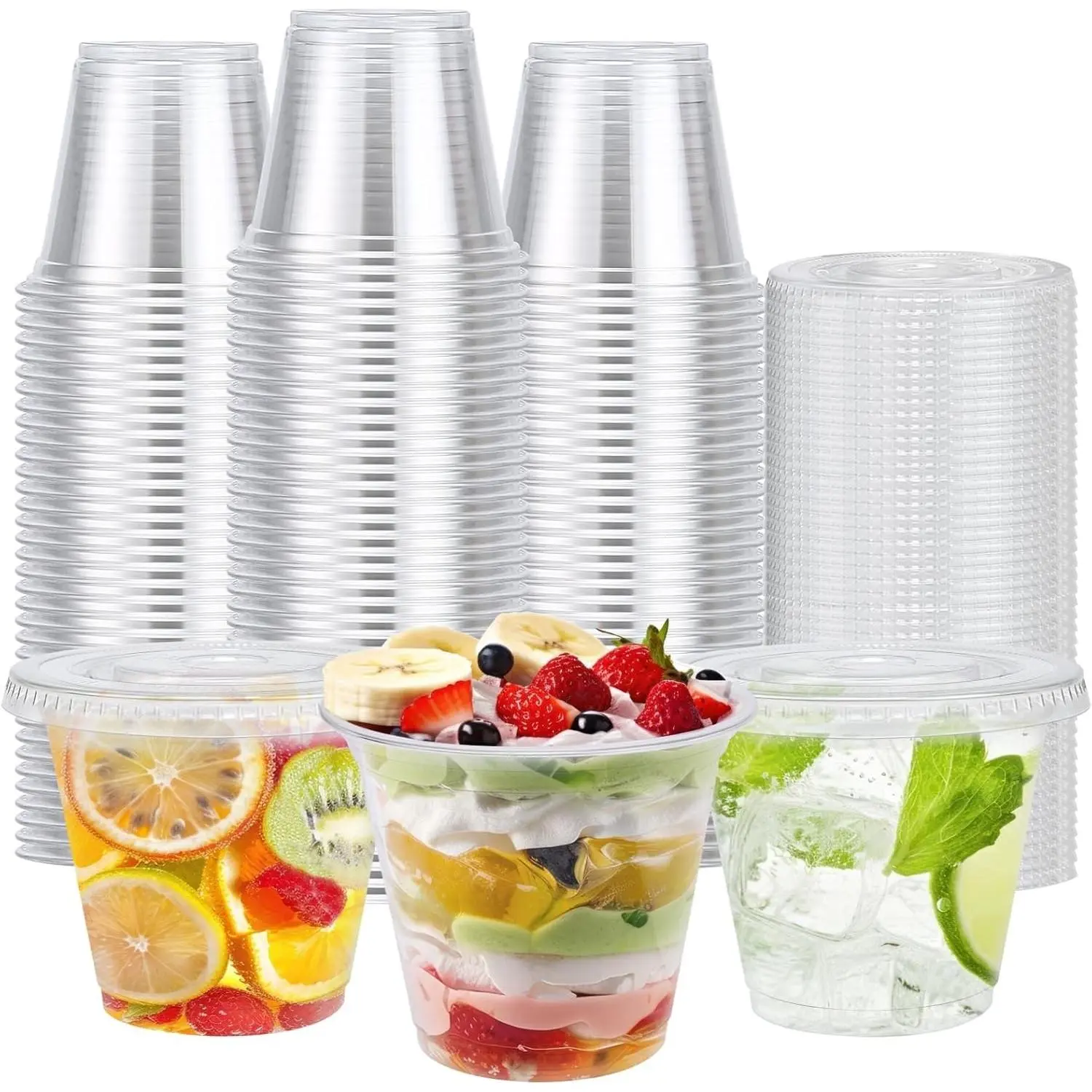 100 Pack 9 oz Clear Plastic Cups With Flat Lids No Hole, Disposable Dessert Cups with Lids for Ice Cream, Pudding, Fruit, Cold Drinks, Cake, Snacks, Yogurt Parfait