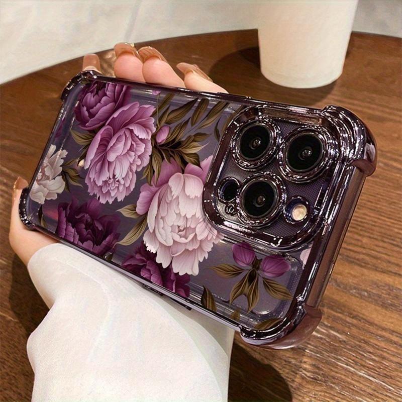 Purple Peony Pattern, Four-corner Electroplating Anti-drop, Non-slip TPU Full-cover Lens Mobile Phone Protective Case, Suitable for IPhone 17 16 15 14 13 12 11 XS X and Other Series Models, Can Be Given As A Gift To Friends or Family