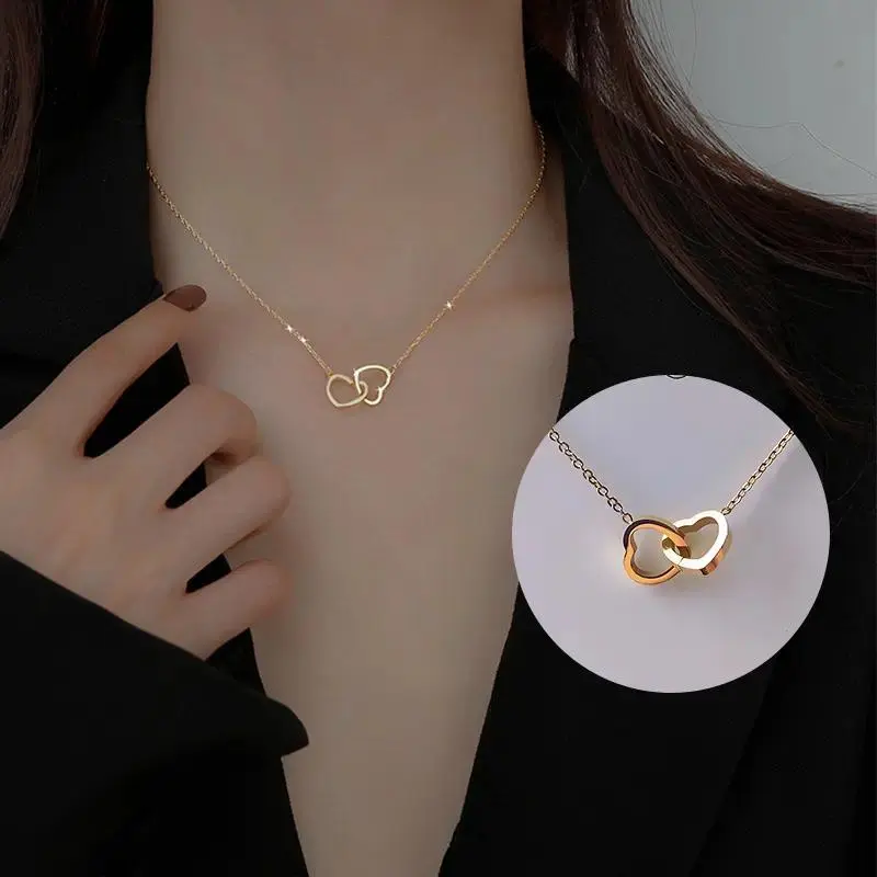 18K Rose Gold Double Circle Necklace - Korean-Style Minimalist Dainty Layered Pendant, Non-Tarnish Titanium Steel, Waterproof Hypoallergenic Fashion Jewelry, Daily Wear Love Gift for Her