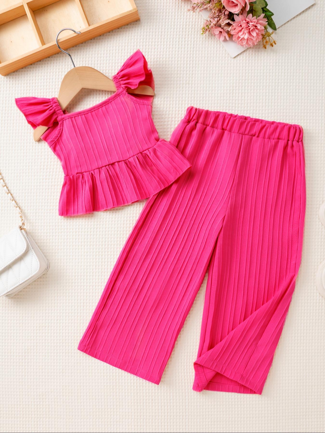 Two-Piece Set Toddler Girl's Solid Ruffle Trim Top & Wide Leg Pants Set, Casual Elegant Square Neck Top & Trousers for Daily Outdoor Wear, Kids Clothes for Summer, Fashion Style Sets
