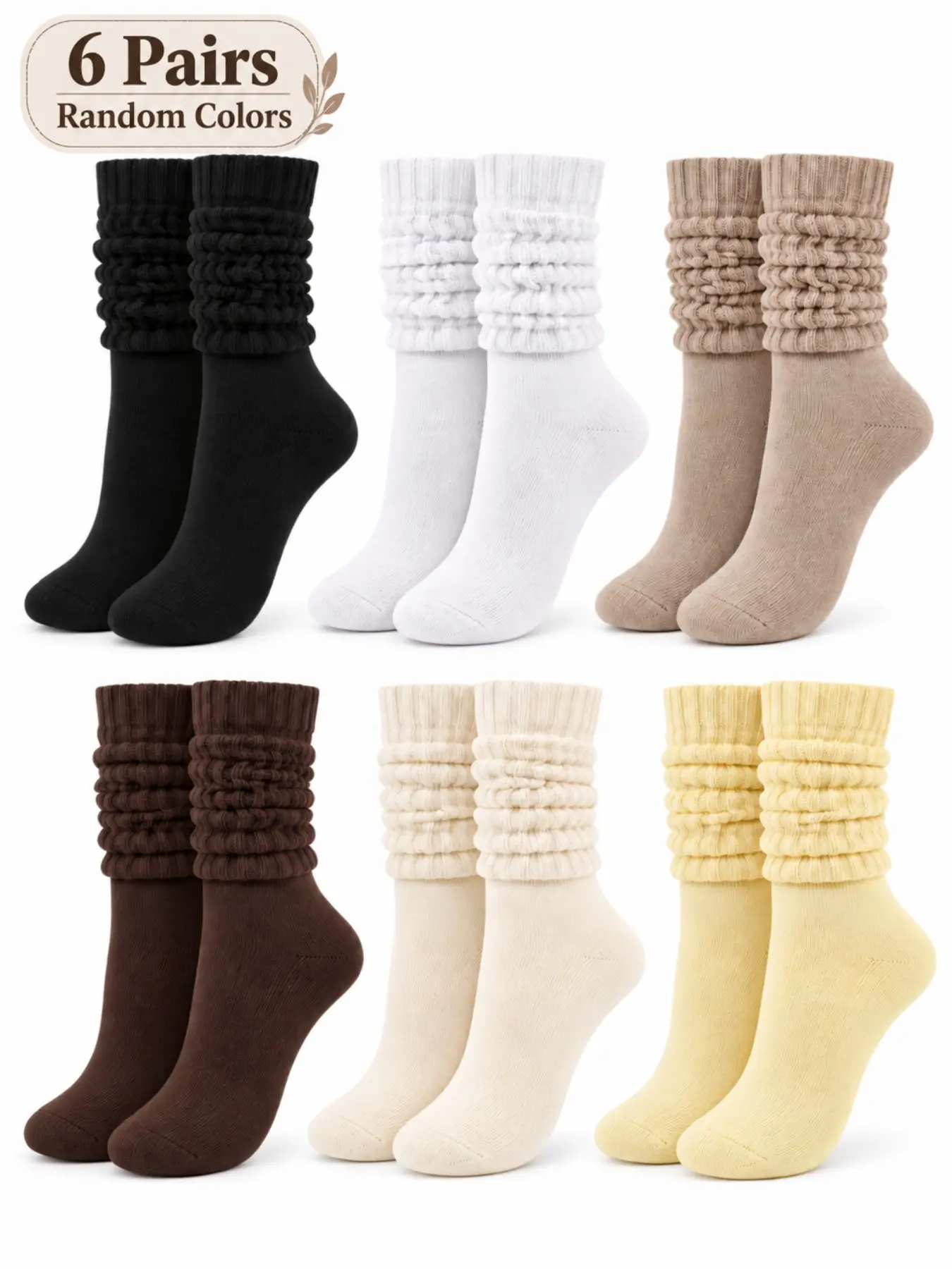 6 Pairs Women's Slouch Socks, Scrunch Crew Socks, Soft Knit Ruched Socks, Retro Vintage 80s 90s Style, Casual Fashion Socks for Sneakers, Boots and Everyday Wear, Random Assorted Colors
