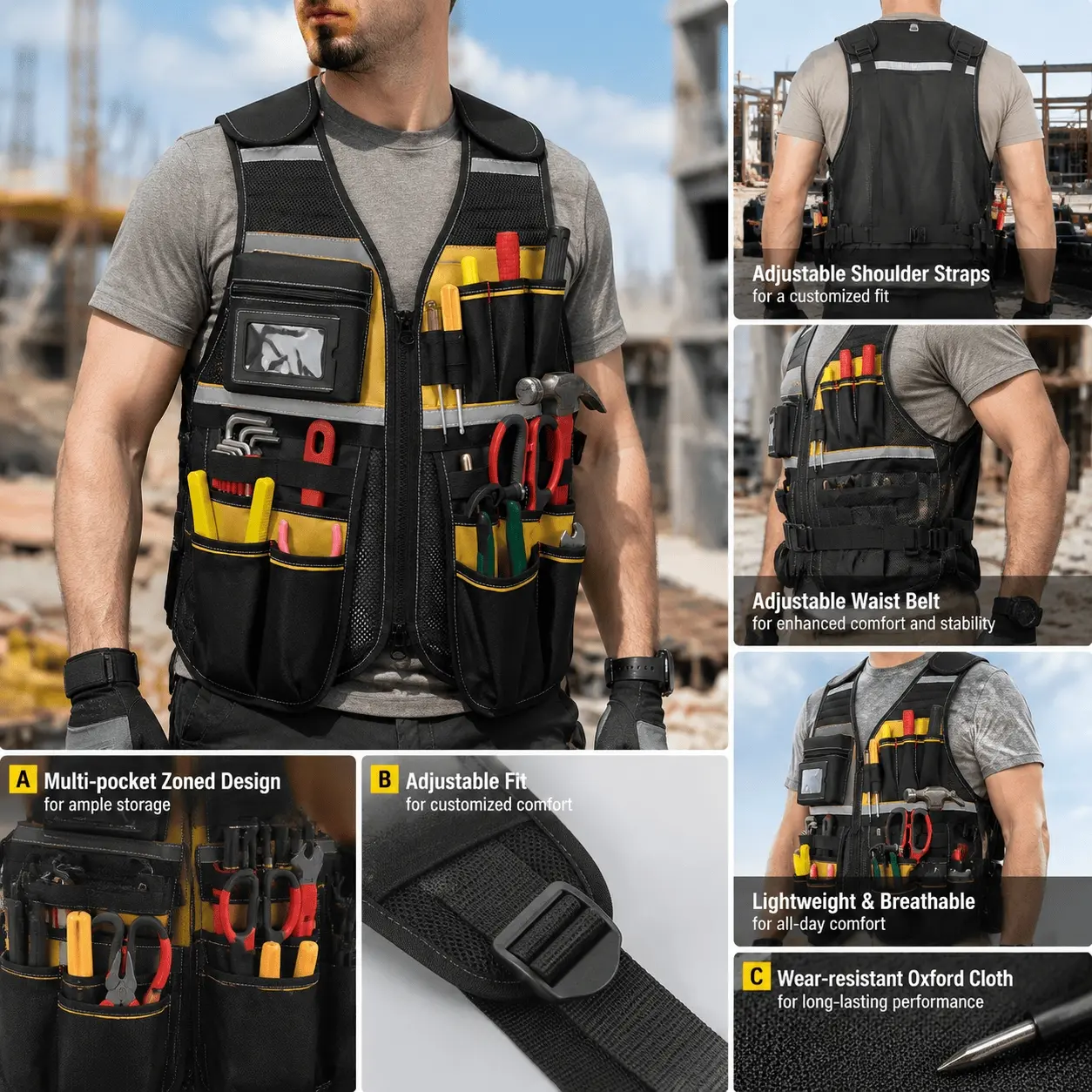 Heavy Duty Multi-Pocket Work Vest - Reflective Safety, Waterproof & Breathable for Outdoor Jobs. Ideal for Construction, Electricians, Carpenters, and Mechanics. Durable, Comfortable Tool Organizer.