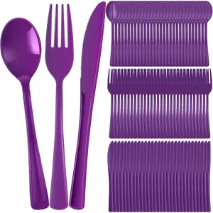 300 Pcs Plastic Silverware Heavy Duty Cutlery Set Plastic Utensils Set Includes 100 Disposable Spoons 100 Forks Knives for Parties Catering Family Gathering(Purple)