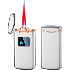 Butane Lighter,-Activated Sensor Lighter with 4 Ignition Modes, Windproof Red Refillable Lighters (Fuel) (Silver Sand)