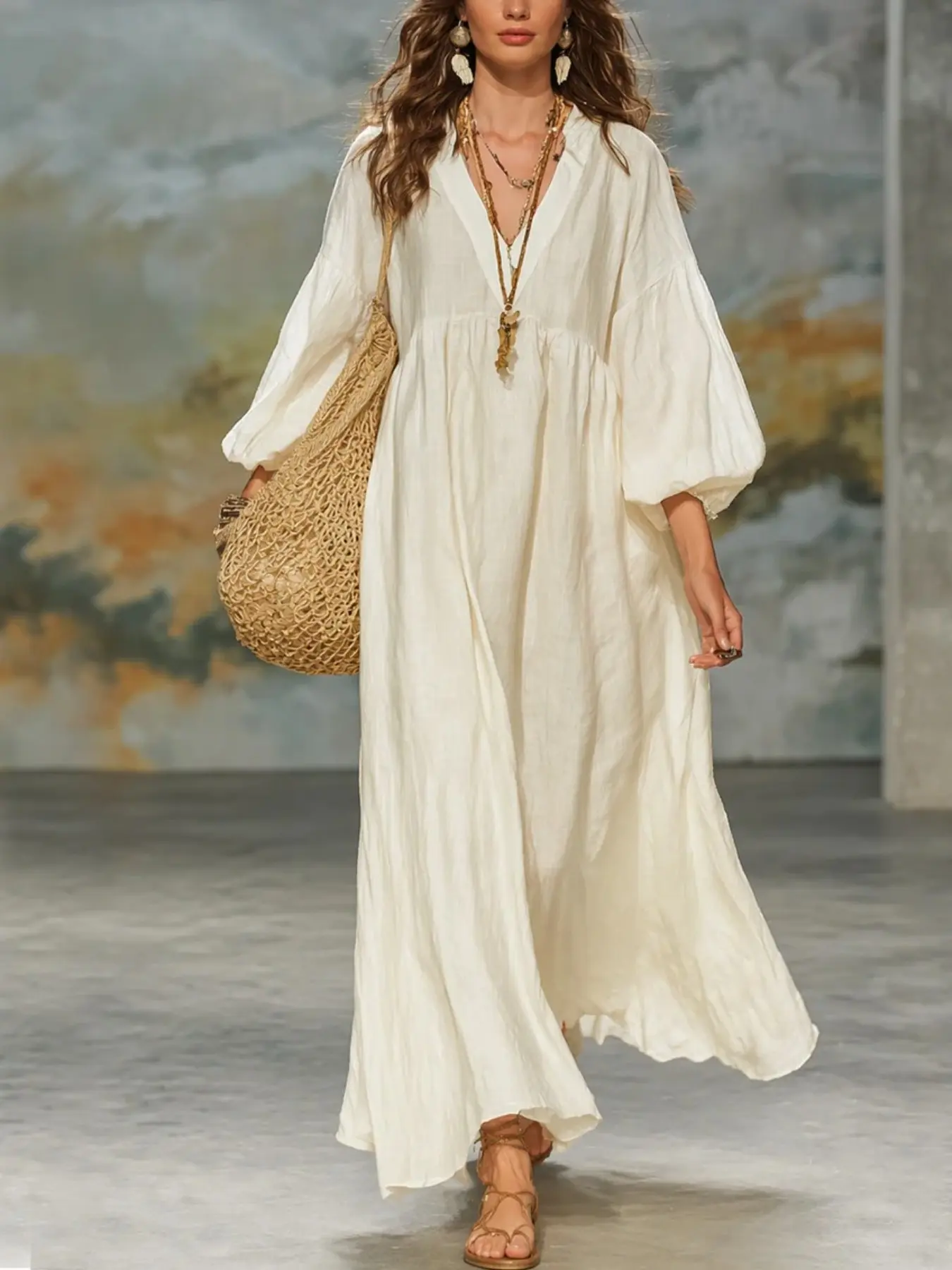 2026 Summer Autumn New Lazy Boho Dress, Plain Deep V Lantern Sleeve Loose Wide Skirt, Vacation Long Dress for Women