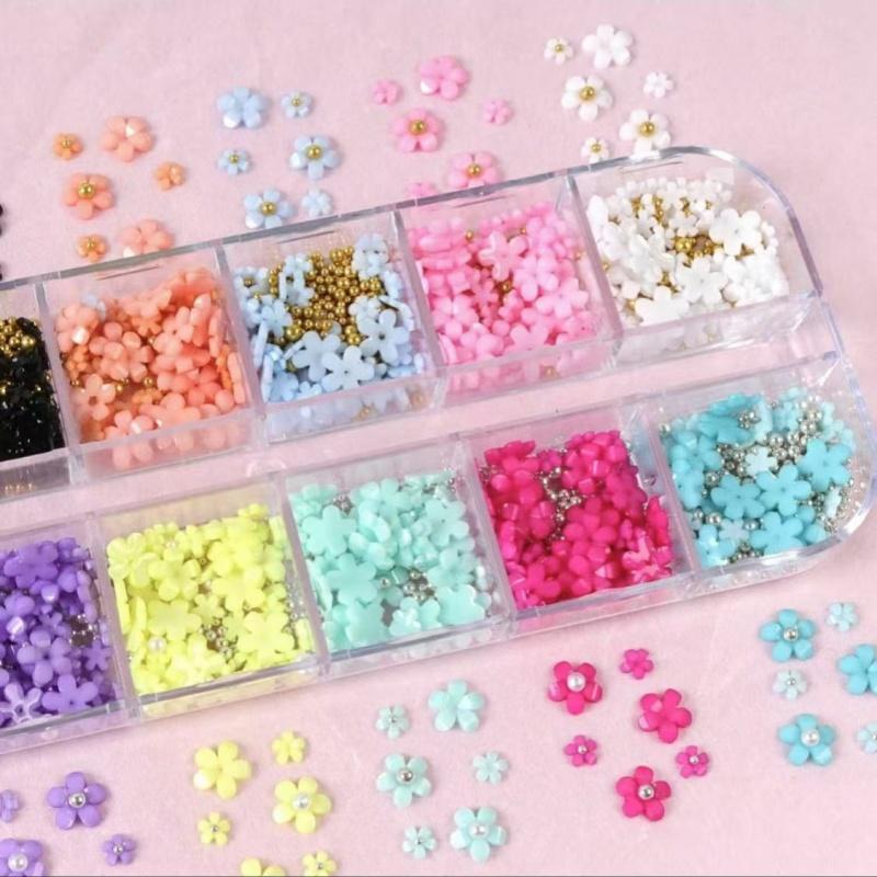 12 Color Flower Shaped Nail Art Decoration, 1 Box DIY Nail Accessories for Nail Art Decoration & DIY Crafts, Nail Decoration Kit for Women & Girls