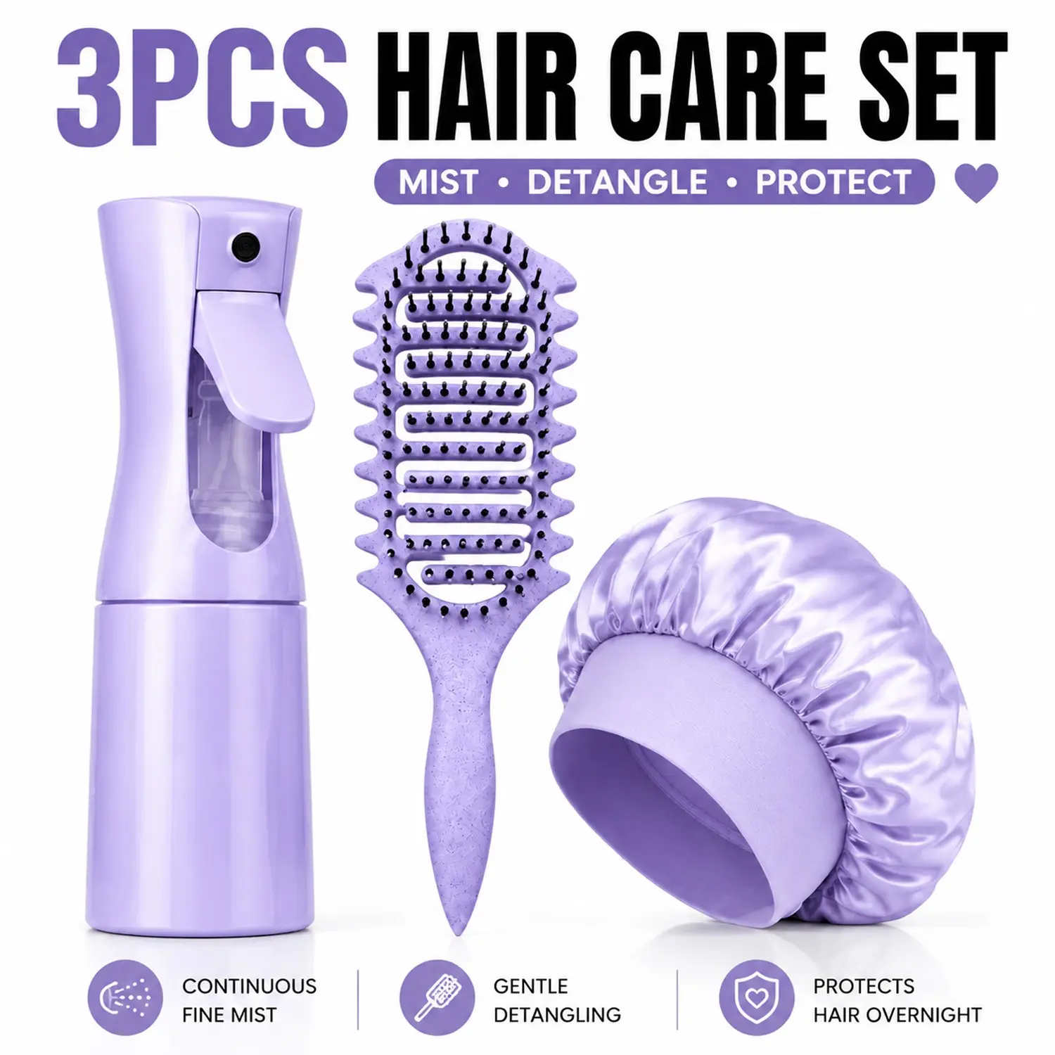 3PCS Hair Styling Tool Set with Continuous Mist Spray Bottle, Flexible Vent Detangling Brush & Satin Sleep Bonnet for Curly, Wavy, Thick and Natural Hair, Hair Detangler Brush