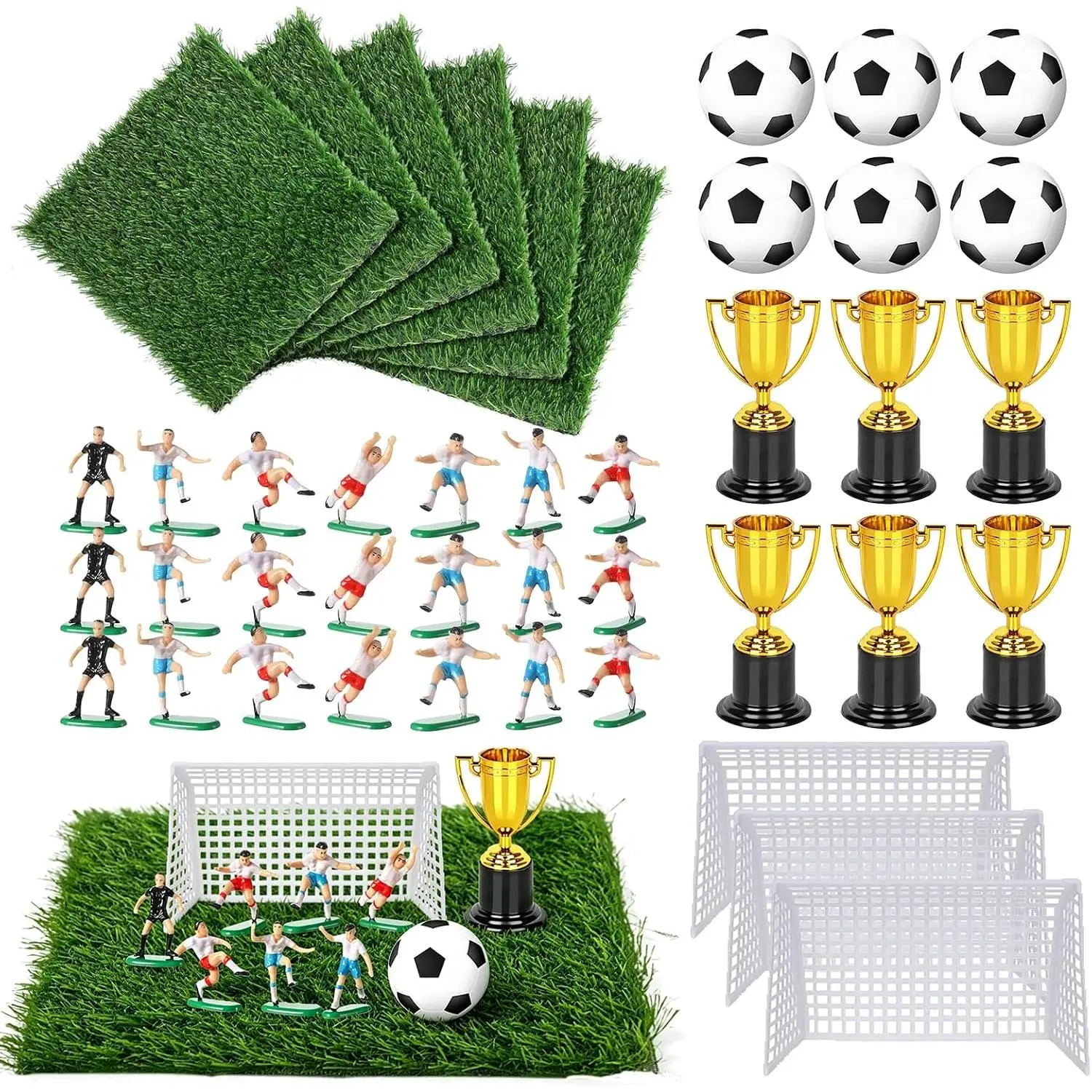 42 Pcs Soccer Party Table Decorations Kit Soccer Table Centerpieces Decor| Includes 6 Artificial Grass Mats 6 Mini Soccers 6 Gold Trophy 3 Set Soccers Team Model for Sport Birthday Party Decor