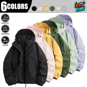 Men's Athletic Techwear Windbreaker Jacket - Lightweight Hooded Full Zip Outerwear with Long Sleeves, Quick-Dry Sun Protection for Running, 6-Colors, Long Sleeve