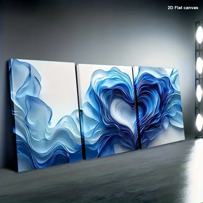 Canvas Wall Art Blue Heart Shaped Wave 2D Flat Triptych Modern Abstract Framed Ready to Hang for Room Office Home Bathroom Decoration Holiday Centerpiece
