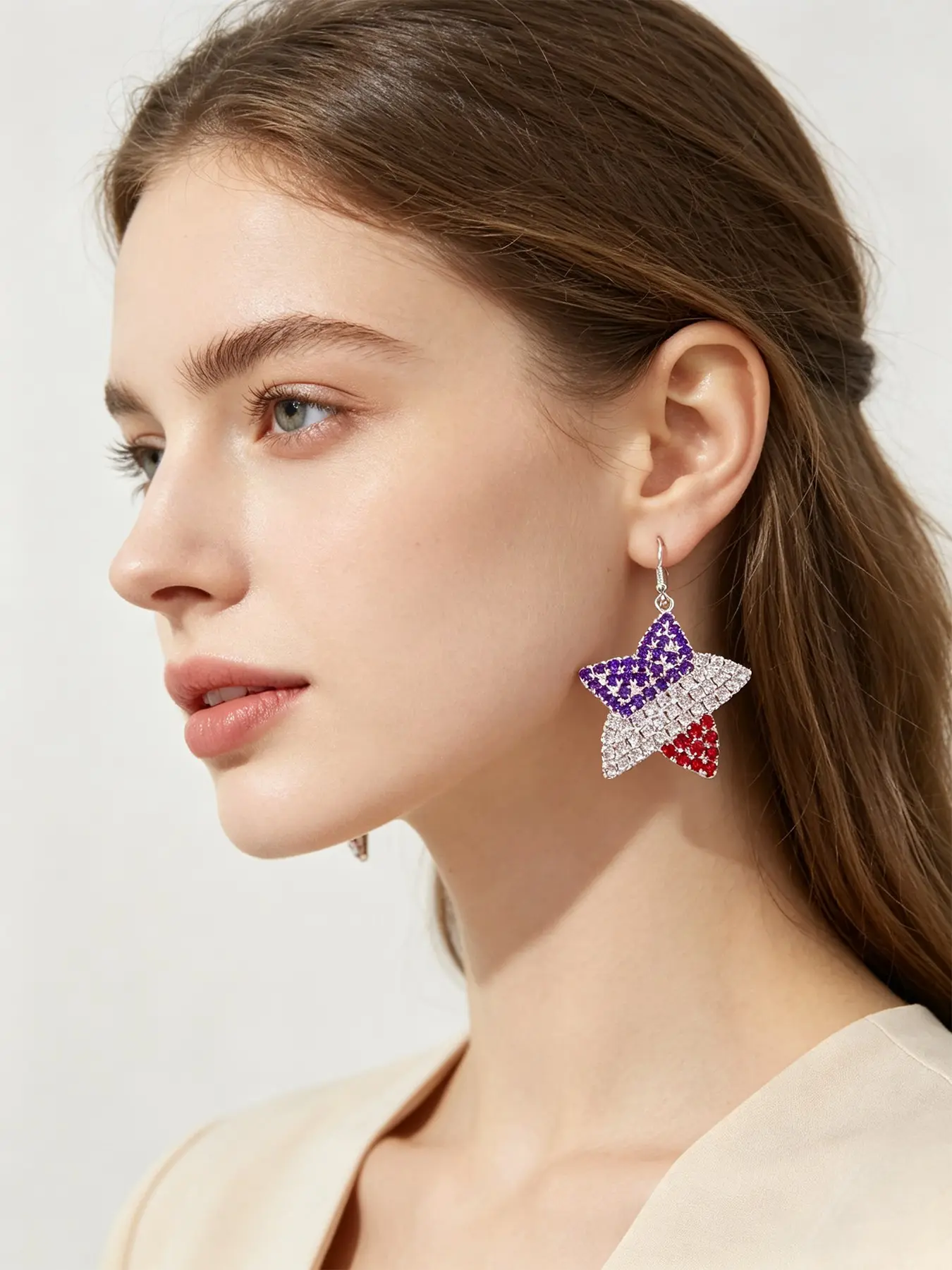 1 Pair New Pentagram Rhinestone Earrings With Colorful American Flag Full Diamond Pendant Earrings