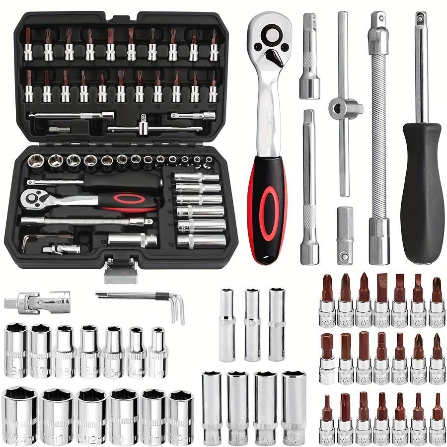 46 pcs tool set, car repair machinery tools, Automotive Repair Tool Kit with Multifunctional Socket Wrench for Car, 1/2 * 1/4 "3/8" drive depth and standard socket, ratchet torque wrench screwdriver socket combination tool