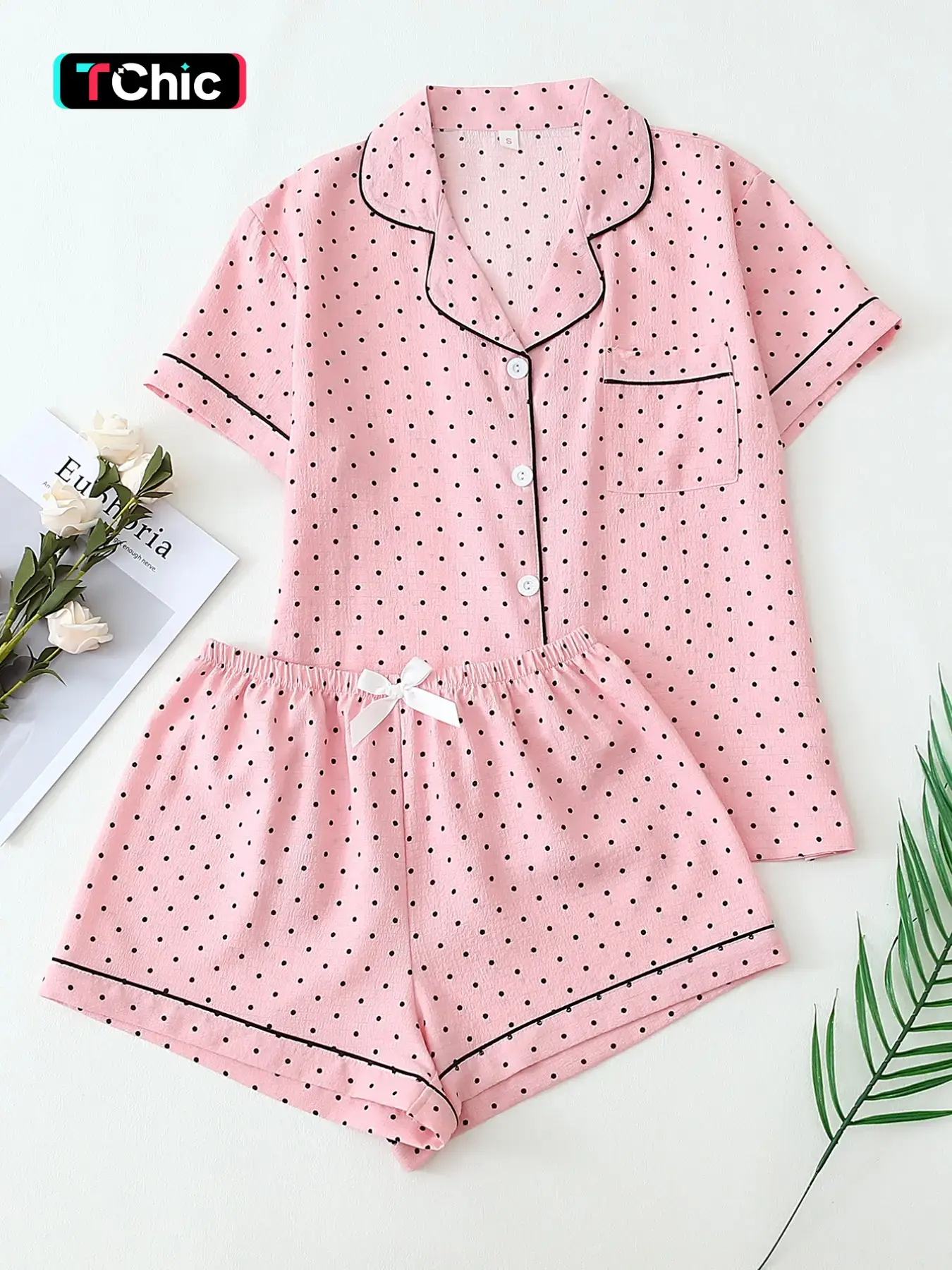 Women's Mini Polka Dot Cute Sweet Collar Short Sleeve Top with Pockets and Bow Shorts, Lounge Pajama Style Casual Fitted Striped Pajama Set Nightwear for Home Wear