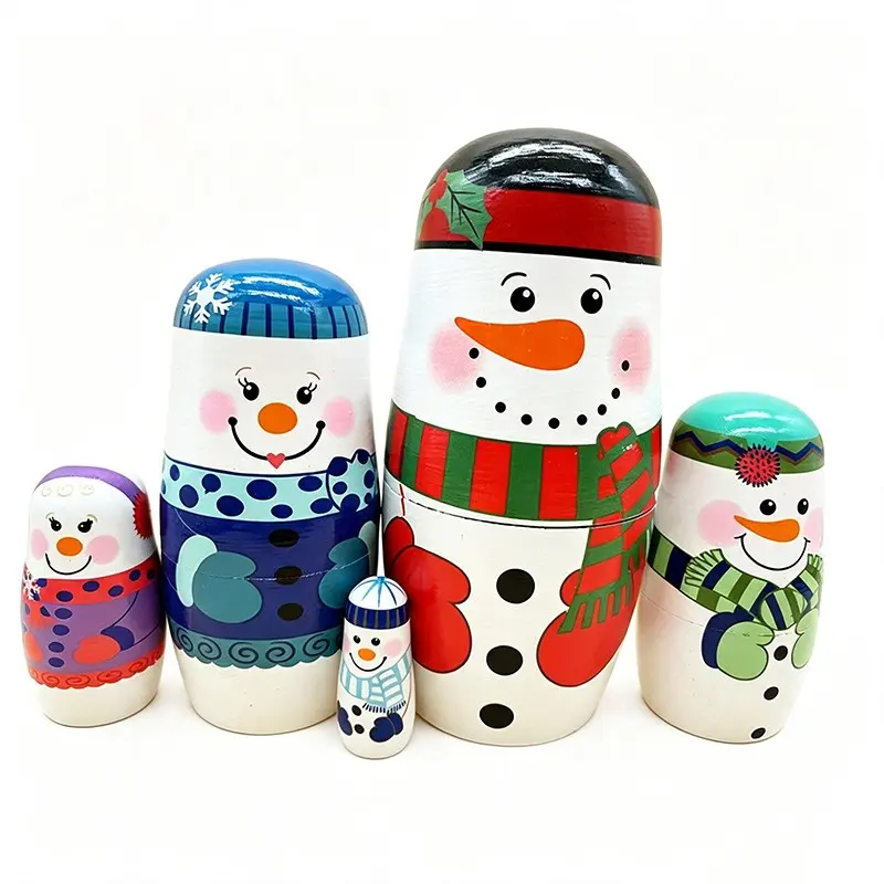 5 Piece Snowman Family Home Decor Set, Handmade Wooden Russian Nesting Dolls,Matryoshka Dolls,Stacking Dolls, Home Decoration, Kids Educational Toys, Gift Ideas
