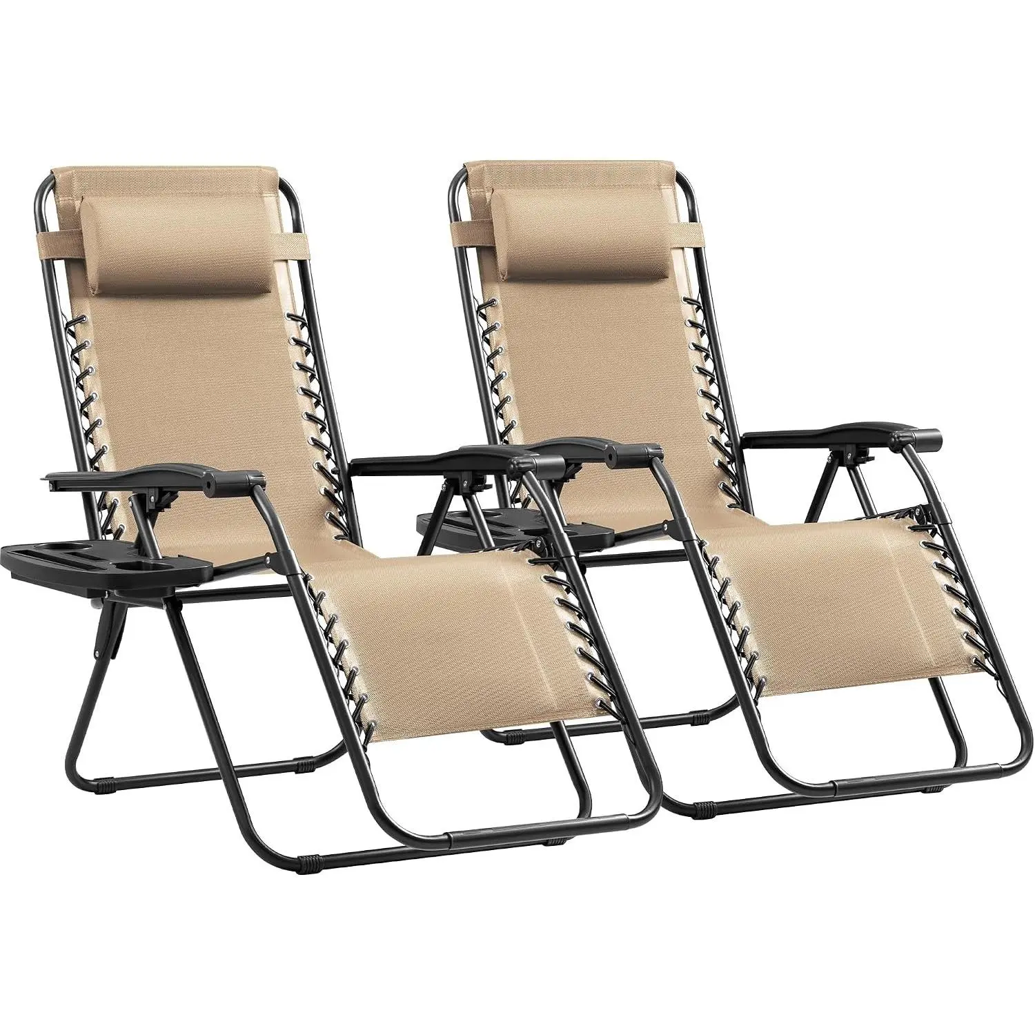 Set of 2 Zero Gravity Lounge Chairs, Outdoor Folding Adjustable Steel Mesh Recliner Chairs with Cup Holder & Removable Pillow for Patio Garden Lawn Beach (Beige)