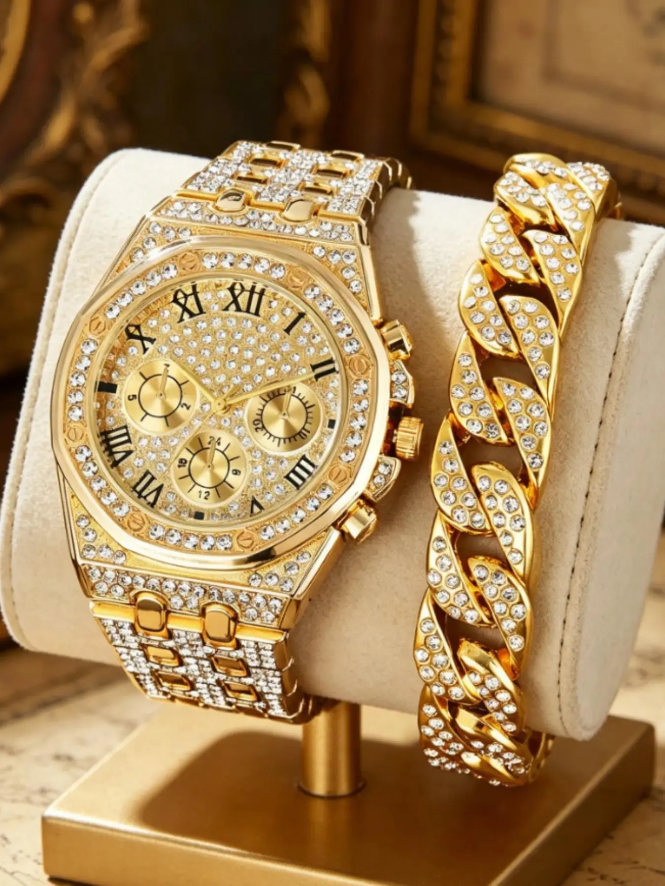 Men's Full Diamond Roman Quartz Exquisite Watch Set, Cuban Chain Included, Luxury Business Hip-Hop Style, 2 Pcs Pack, All Seasons Wear, Quartz Wristwatch, Classic Analog Watch