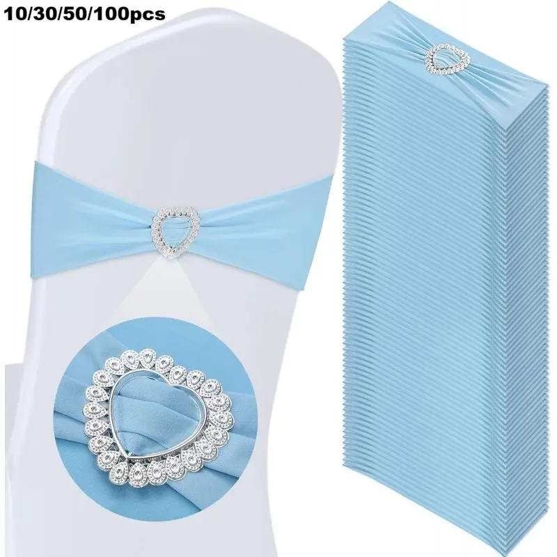 10/30/50/100 Pcs Spandex Stretch Chair Sashes with Heart Shaped Buckle Slider Stretch Chair Cover Band Universal Elastic Chair Ties for Wedding Banquet Event Party Decoration