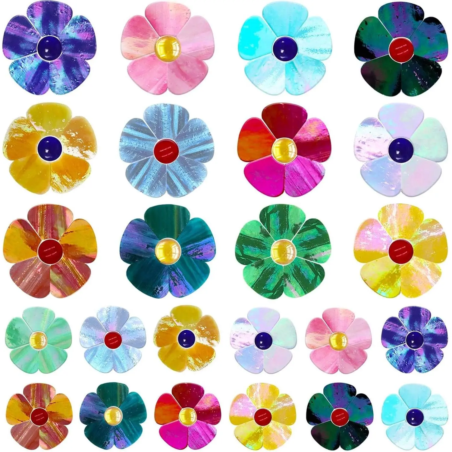 24 Pcs Stained Glass Flower Mosaic Tiles - 12 Iridescent Colors, Large & Small Petal Pieces, DIY Mosaic Supplies for Crafts & Art Projects
