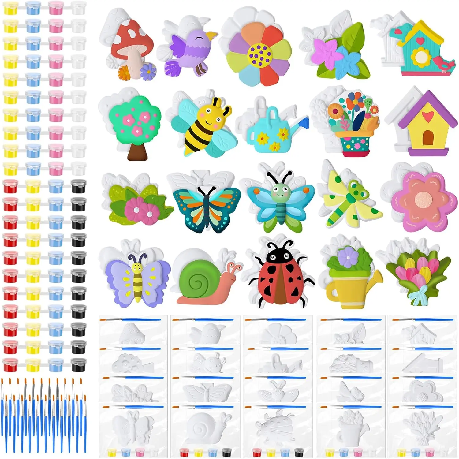 DIY Spring Paint Kits (20-Set) for Unpainted Ceramic Plaster Birds & Butterfly Statues, with Brushes, Paints & Bags, Adult Crafting Party Favors