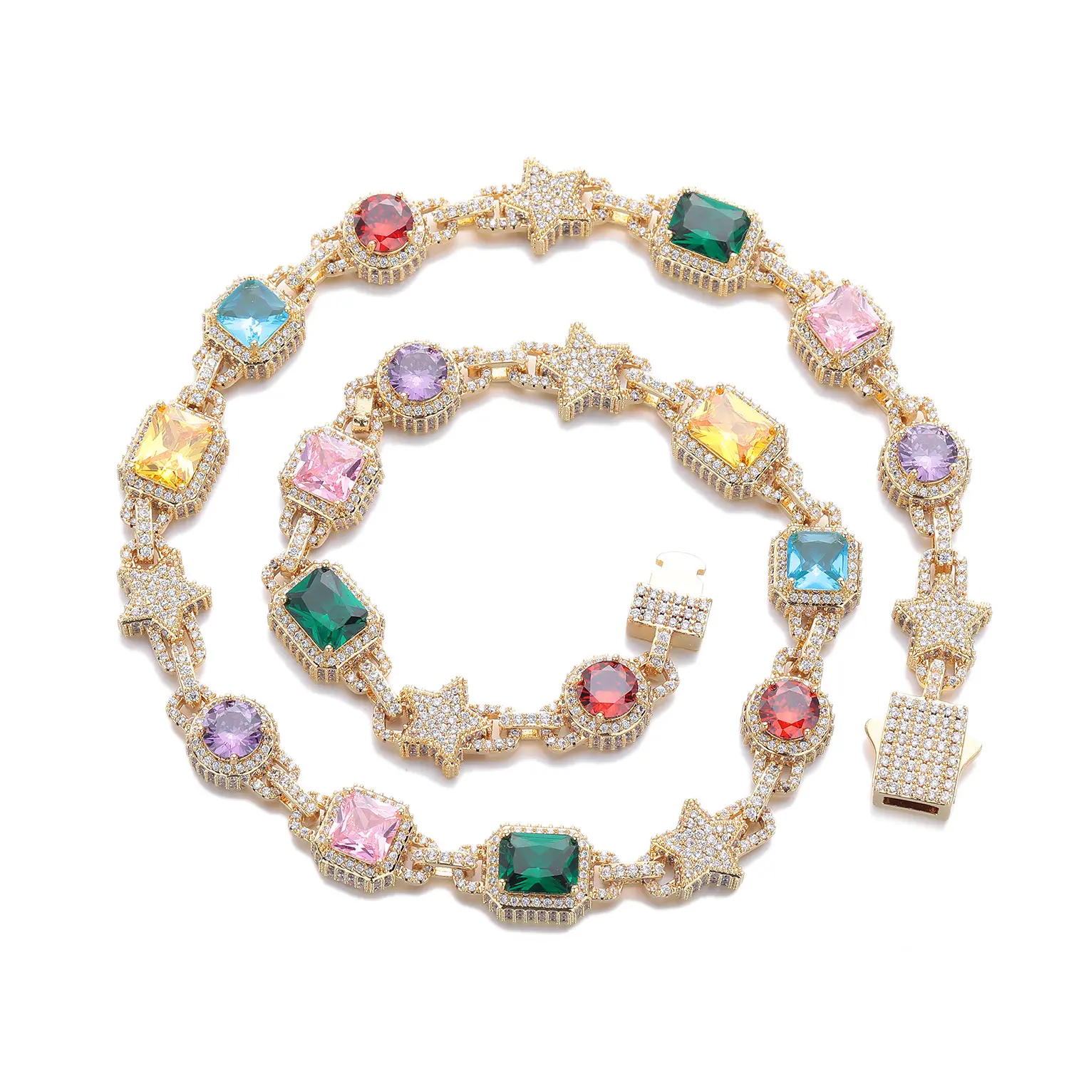 StarsGlowing Multicolor Gem Star-Shaped CZ Tennis Chain, Gold-Plated Geometric Inlaid Zirconia Bracelet & Necklace, Gender-Neutral Hip-Hop Daily Fashion Jewelry, 2-Tone Options, Multiple Sizes, TS0029