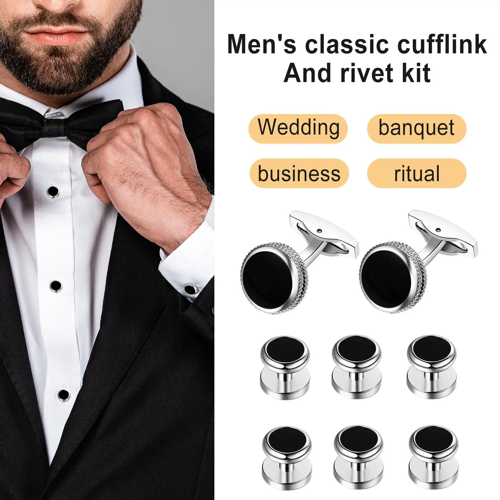 Men's Cufflinks and Shirt Studs Set, 8-Piece Silver & Black Copper Metal Tuxedo Accessories for Male Business, Wedding, Party, Solid Metal