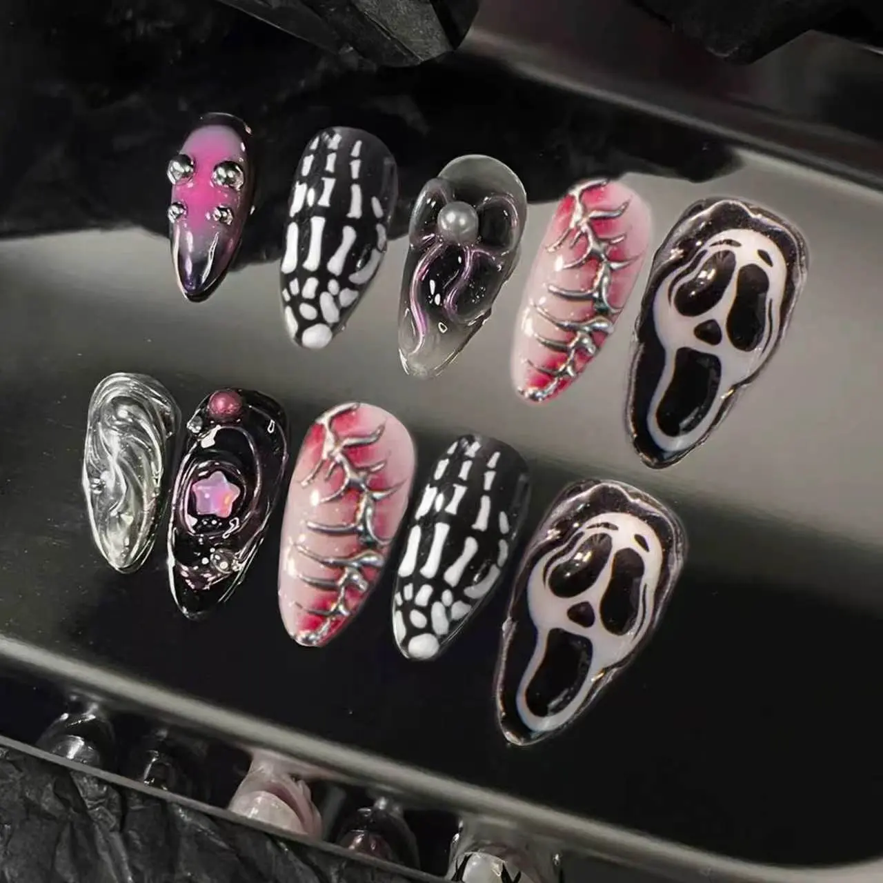 30 Pcs Halloween Almond False Nails Set, Spooky Ghost Pumpkin Bat Spider Web Print, Nail Designs, 3D Bow Decor, Full Cover Press on Nails, Acrylic Nails Supplies