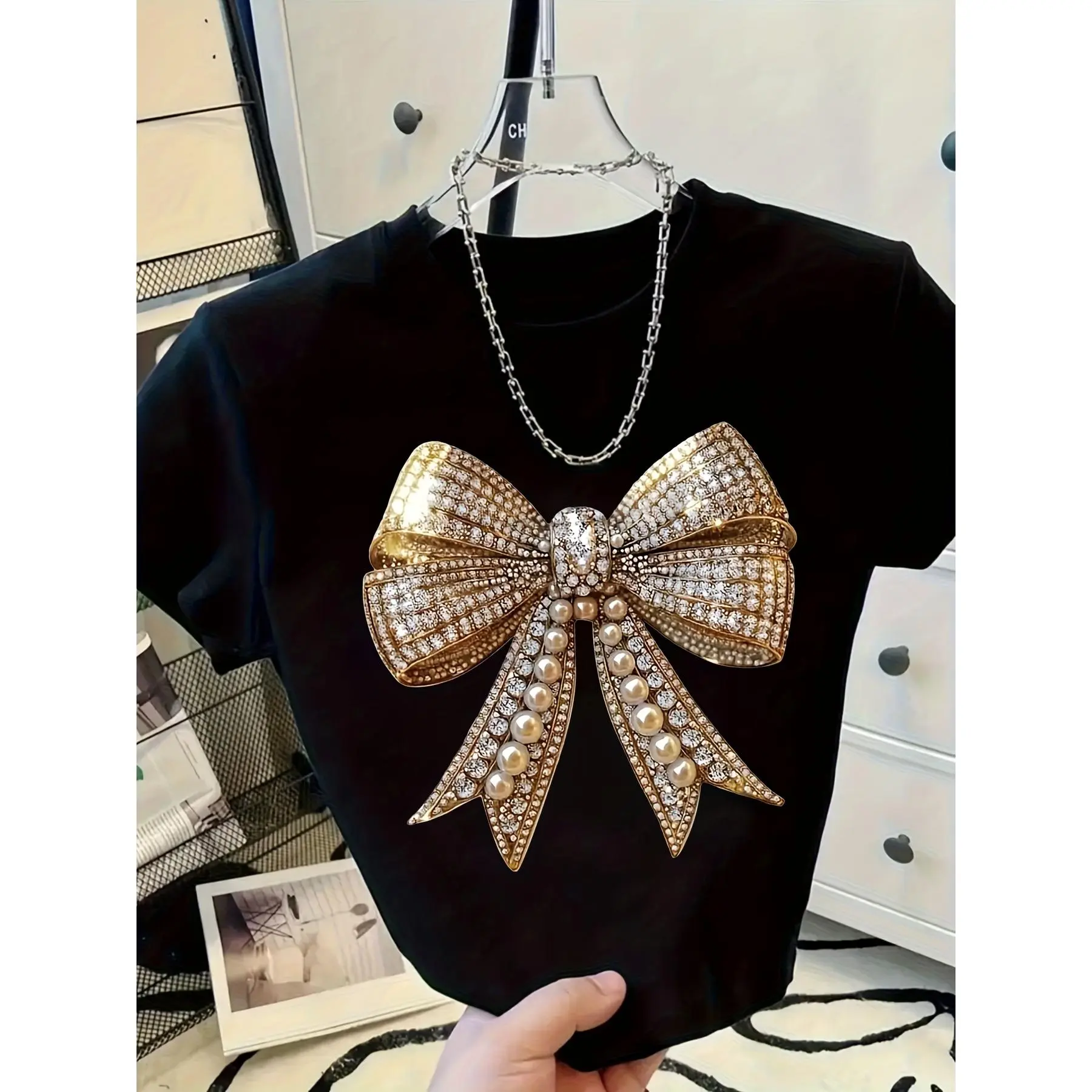 Women's Comfortable Polyester Shortsleeve T-Shirt - Black & Golden Statement Clothes with Sparkling Rhinestone, Golden Accent Bow, Round Neck, Machine Washable for Casual Parties, Special Occasions