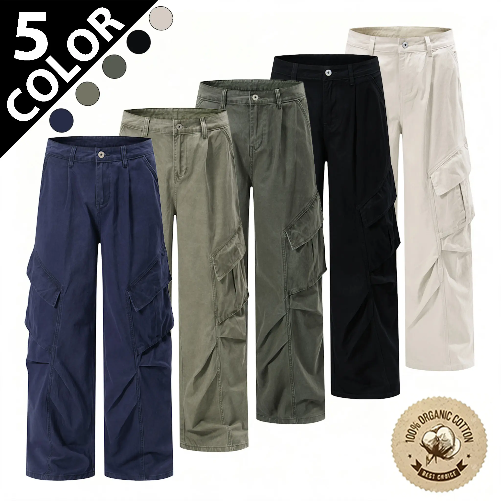 Menswear 2026 New Unisex 100% Pure Cotton Plain Full-Length Cargo Pants - Classic American Vintage Deconstructed Style, Tailored Legs with Natural Creases, Functional Hip & Thigh Multi-Pockets