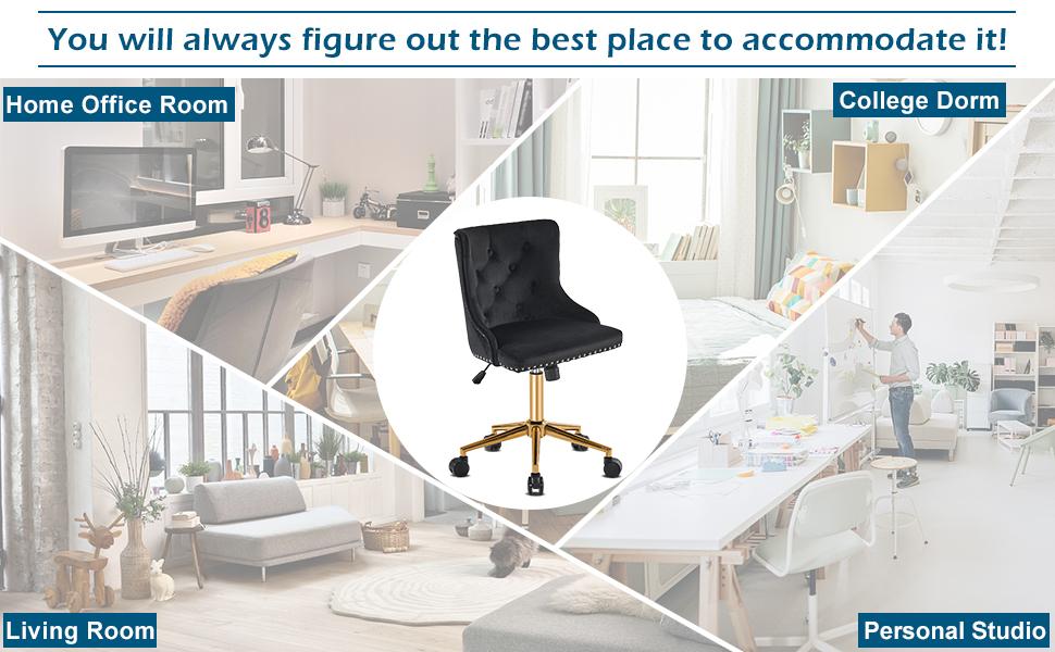 VINGLI velvet armless home office desk and chair, available in multiple colors, golden base/wheels, cute dressing table/makeup chair, bedroom, soft cushion adjustable rolling and rotating nail chair, women/girls