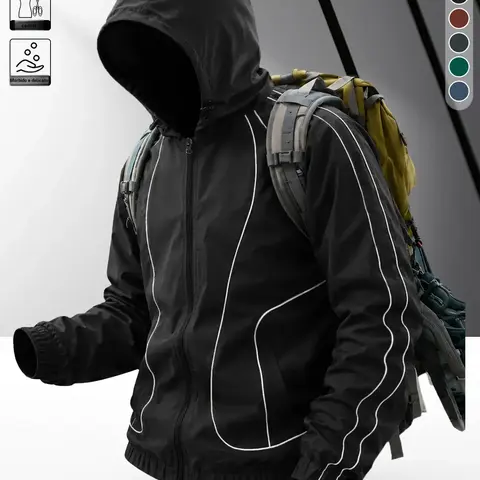 Men's windproof waterproof jacket, breathable outdoor hiking coat, foldable hat design, lightweight and durable, all weather use, suitable for spring and summer in thin styles.