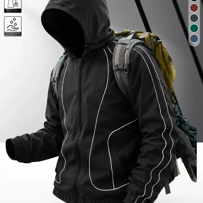 Men's windproof waterproof jacket, breathable outdoor hiking coat, foldable hat design, lightweight and durable, all weather use, suitable for spring and summer in thin styles.