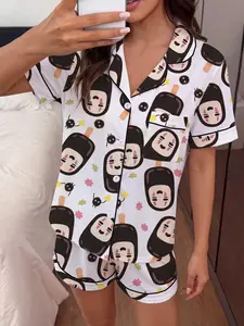 Women's 2-Piece Pajama Set, Cartoon Print, Short Sleeve Button-Down Top, Elastic Shorts, Elegant Comfortable Sleepwear, Homewear, All Seasons