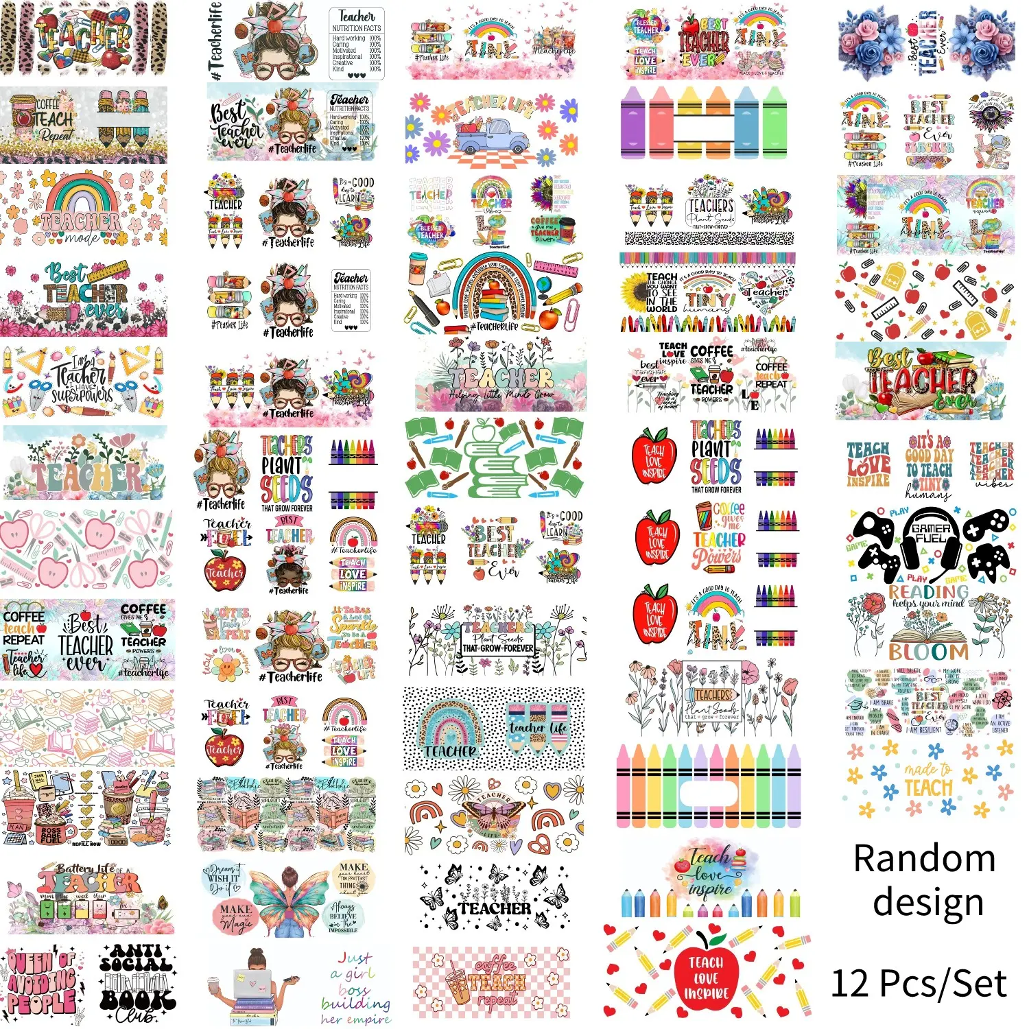 12 Sheets UV DTF 16oz cup Illustration Stickers, Teacher Design, for 16oz Glass Cups, Coffee Mugs, Furniture, Laptops, Holiday Party Gifts