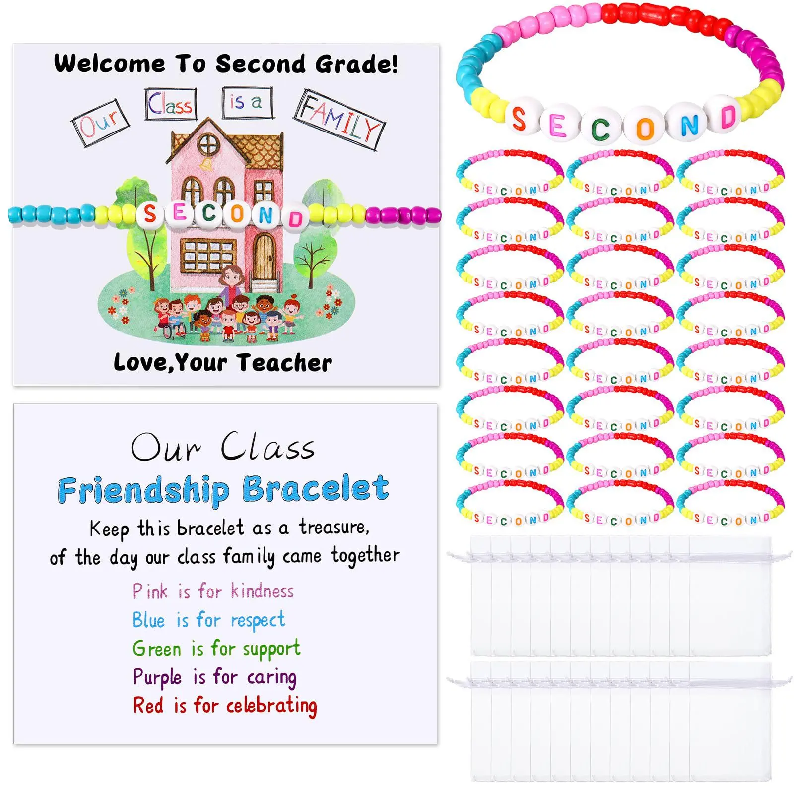 Back to school friendship bracelet set, including "our class is a family" card, welcome wristband and bag on the first day of school - kindergarten and primary school classroom student small gifts, rewards, party good gift bag filler