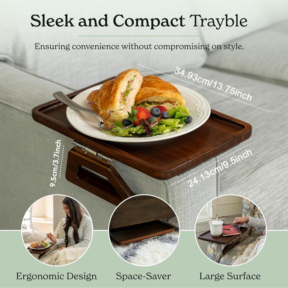 Bamboo Couch Arm Table, 1 Count Clip-on Sofa Arm Tray, Armchair Table with for TV Dinners Remotes Drinks Snacks, Rustic Sofa Table