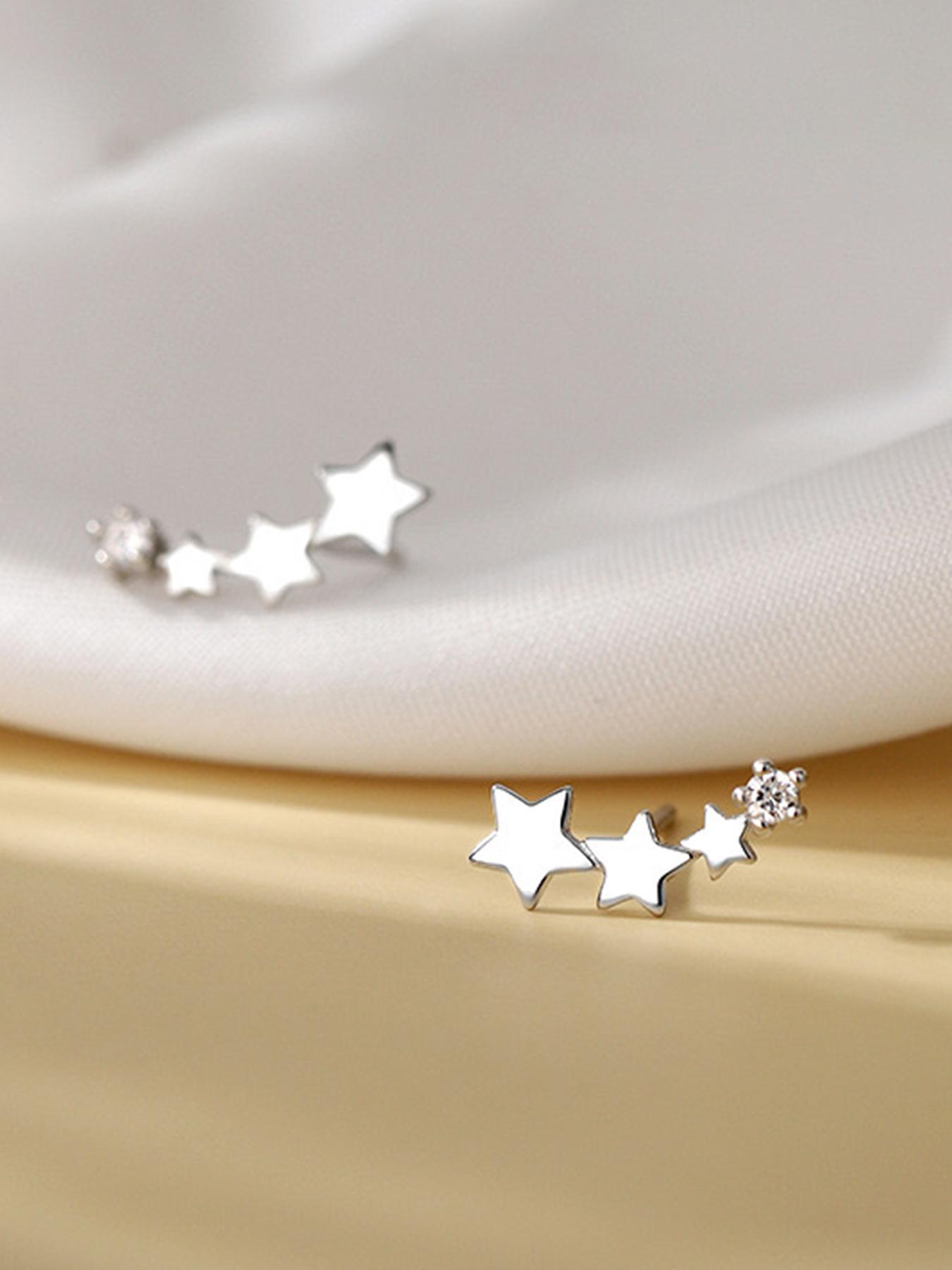S925 Sterling Silver Stars Design Pretty Studs Earrings, High Quality Earrings, Gifts for Girlfriend, Gifts for Her, Fashionable Earrings for Women & Girls, Trendy All-match & Exquisite Jewelry for Birthday Gift, Elegant Minimalist Earrings