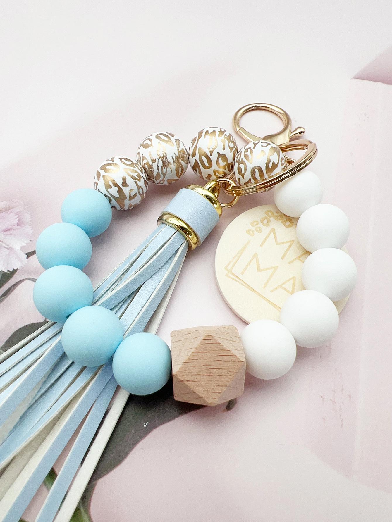Wrist keychain, bag pendant, key ring, silicone bead bracelet, tassel, wooden beads, MAMA wood piece