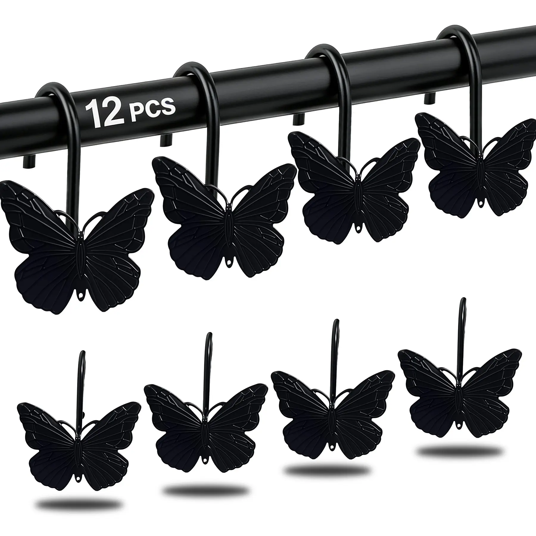 12-Piece Butterfly Bath Curtain Hooks, Metal Design, Durable Reusable Hooks for Bedroom Bathroom Balcony, Stylish Window Decor
