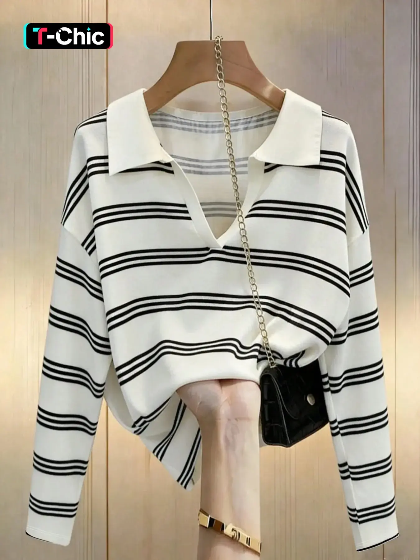 Women's Lapel V-Neck Long Sleeve Top, All Seasons Blouse, Horizontal Striped Drop Shoulder Loose Fit, Simple Daily Office Commute Casual Long Sleeve Shirt