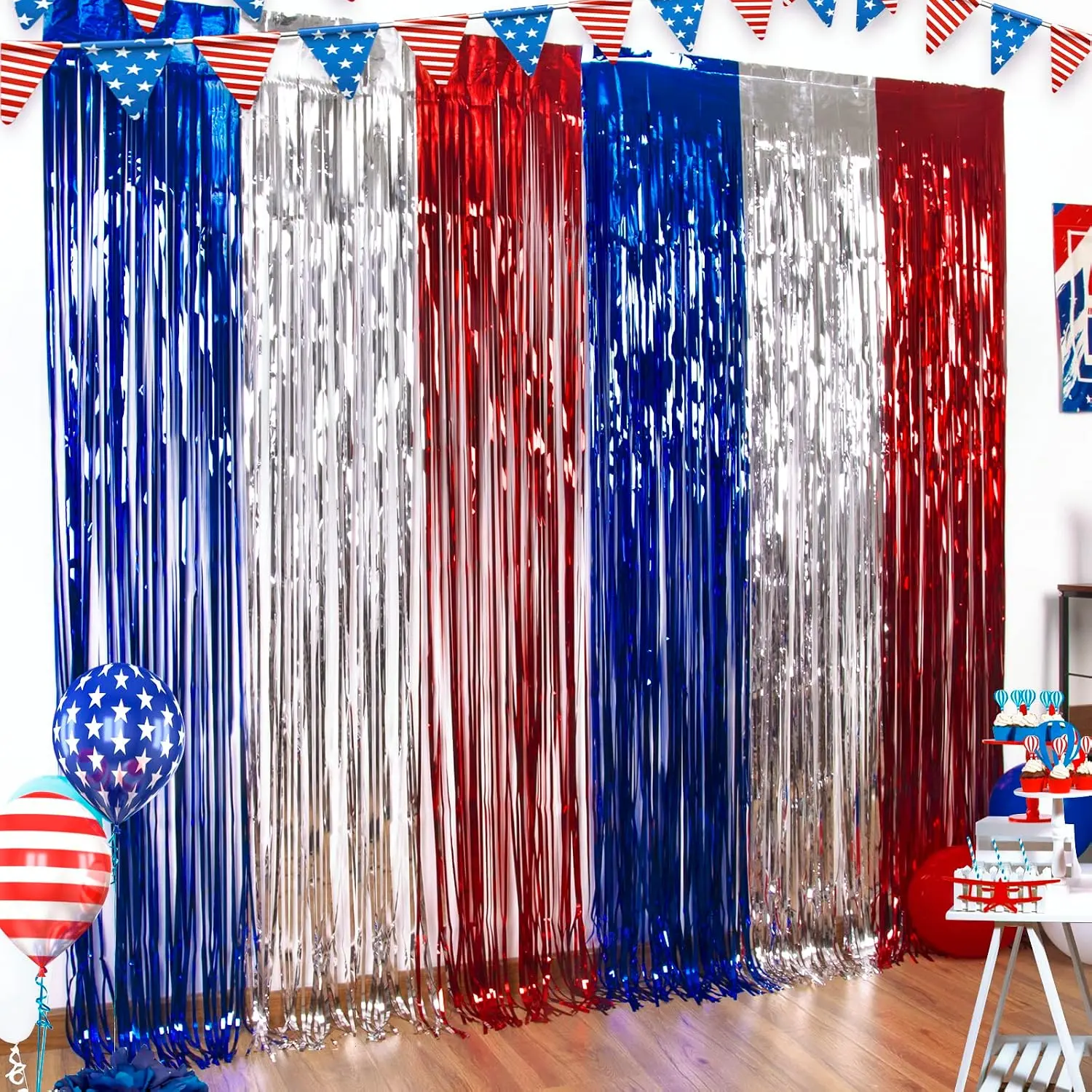 4th of July Decorations Red White Blue Foil Fringe Curtains, 3 Pack | Patriotic Photobooth Props, Party Backdrop, Fourth of July Streamers,  Themed Labor Day, Veterans Day, Election Day Decor