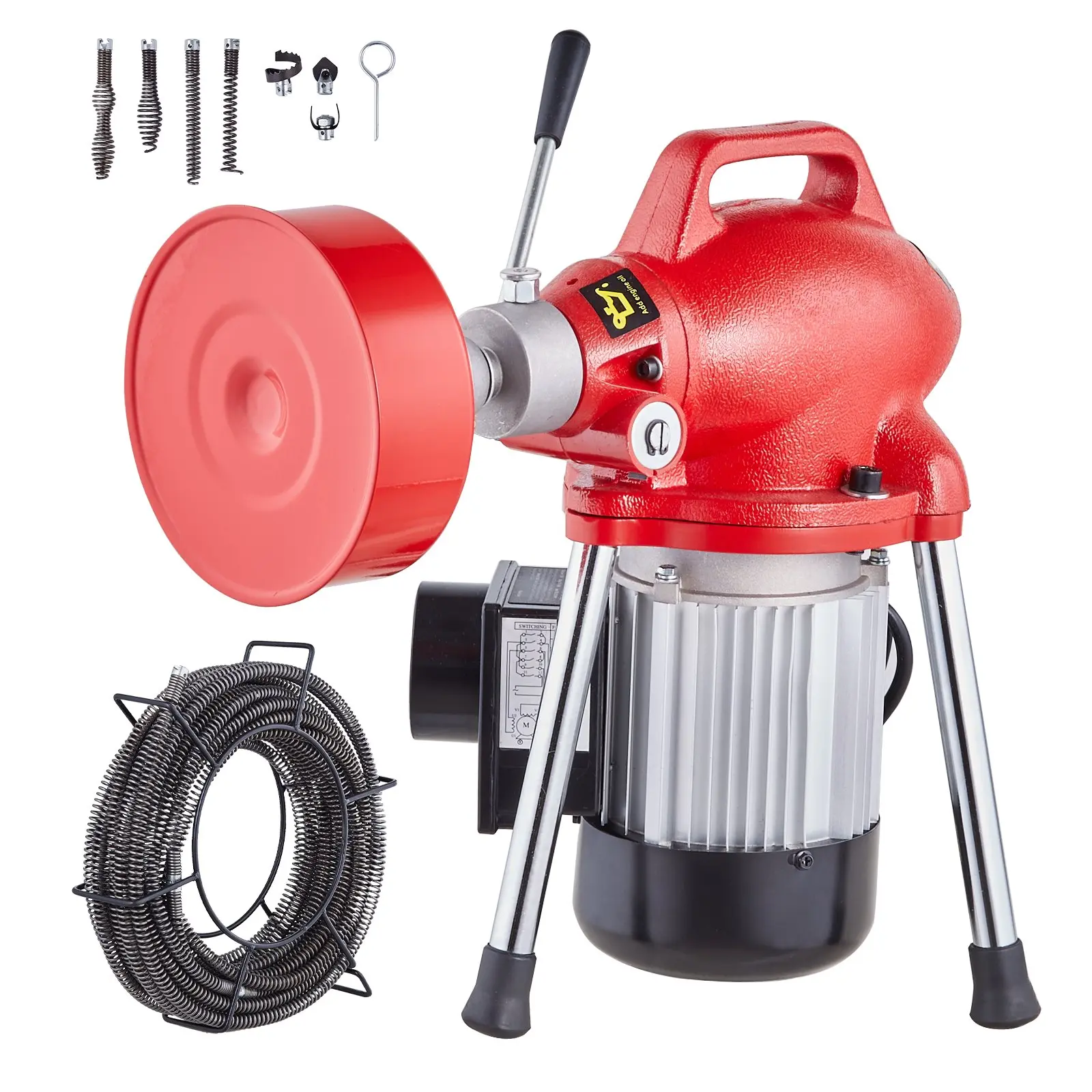 VEVOR Electric Pipe Cleaning Machine - 250W Manual Feed Sewer Snake Auger, 2 Sectional Steel Cables (66ft x 5/8in, 15ft x 3/8in), 7 Cutters, CW/CCW Handheld Control, for 1.6" to 4" Pipes, 5/8 In