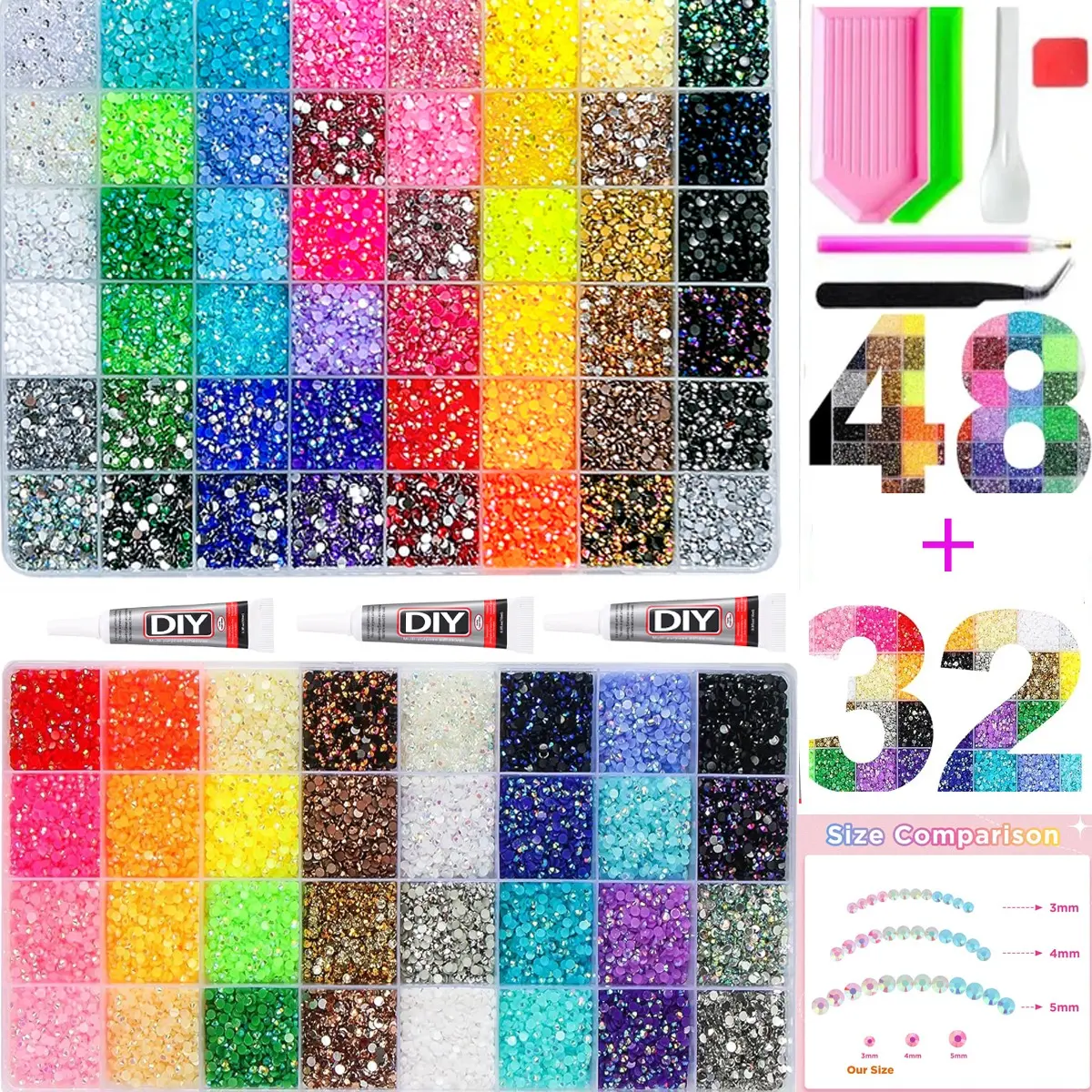 48+32 Grid Multi-Style Rhinestone Set, Includes Glue, Drill Pen, Tweezers, Perfect for DIY Crafts, Clothing, Cups, Shoes, Fabric, Nail Art，Nail Art Rhinestones / Flatback Crystals / Multi-Color / Pickup Tool