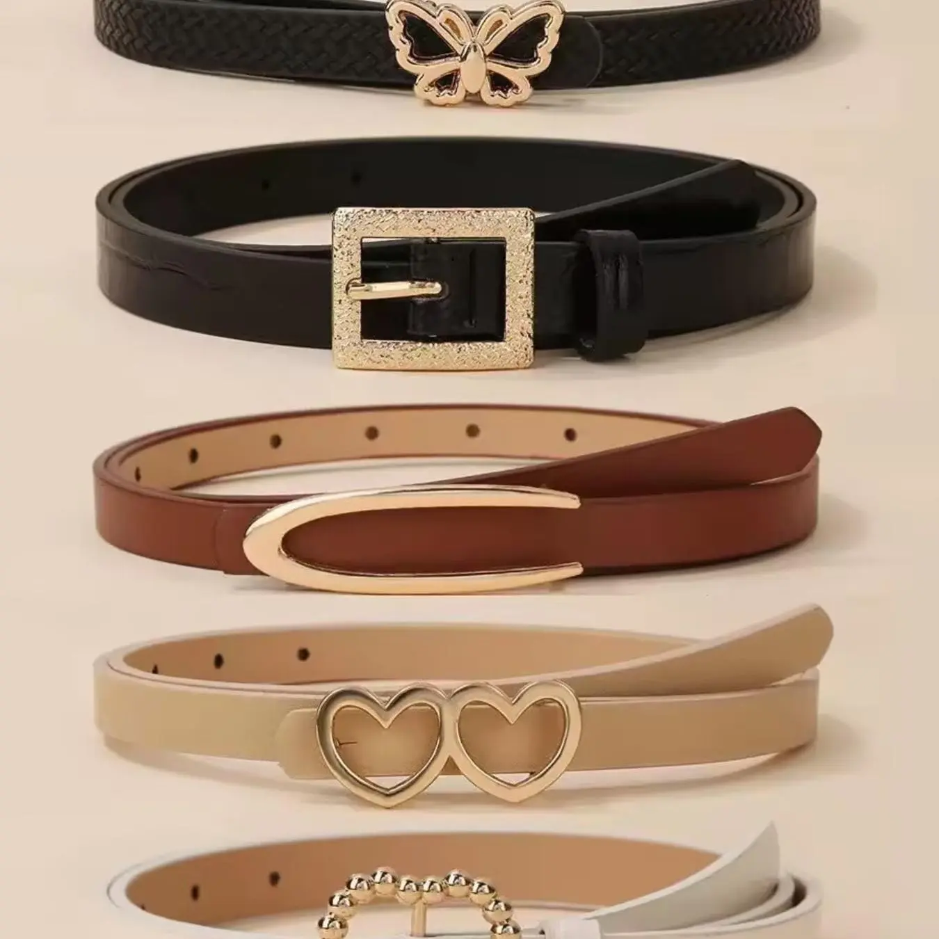 5-Piece Fashion Buckle Set, Vintage Solid PU Belt, Casual Denim Waistband for Women, Stylish Accessory for Everyday Wear