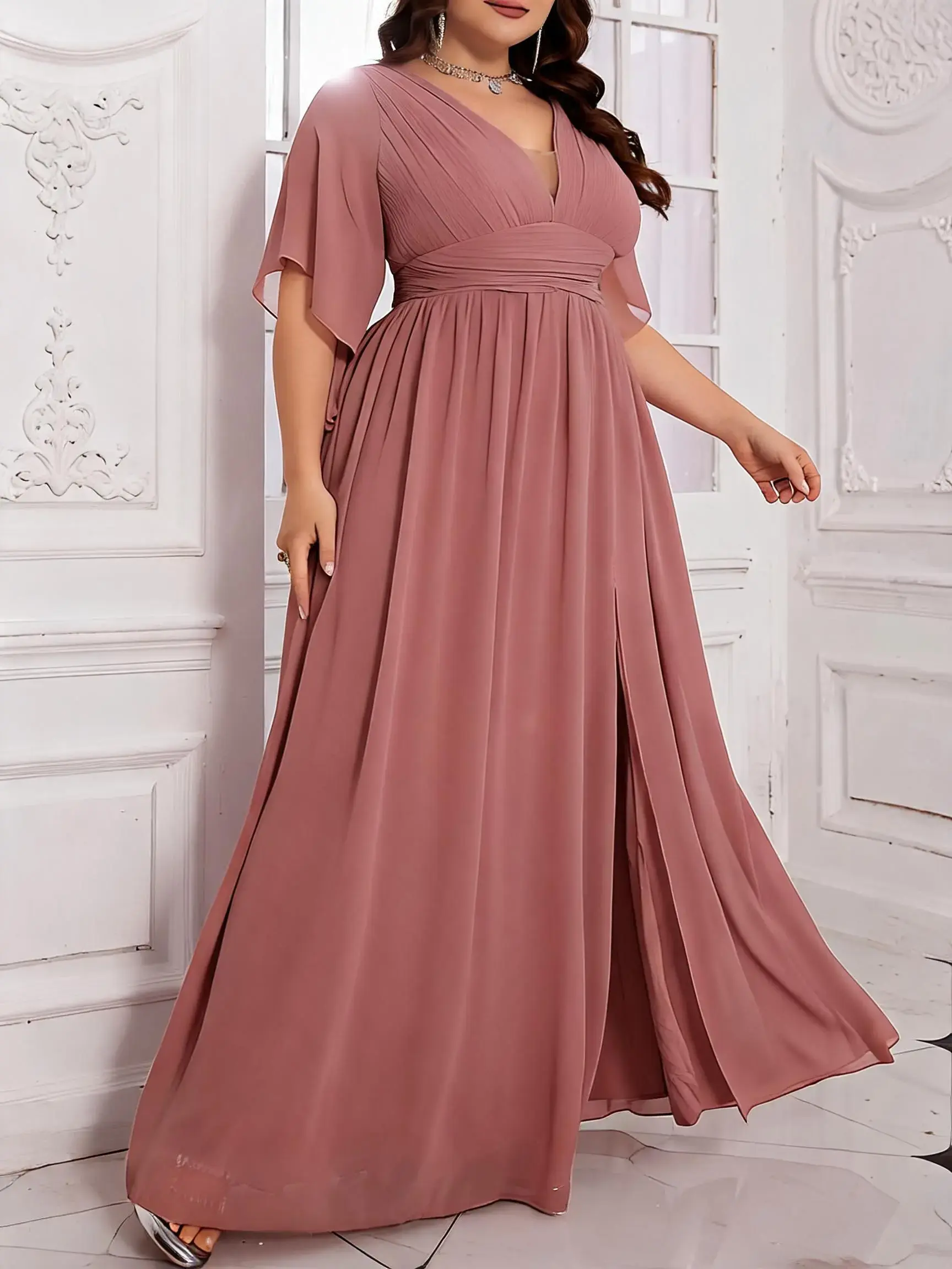 Plus Size V Neck Pleated Ruched Flare Sleeve Waist Cinched Fitted A-Line Lightweight Chiffon Maxi Bridesmaid Dress, Elegant Chic Formal Party Gown for Women Formal Dresses