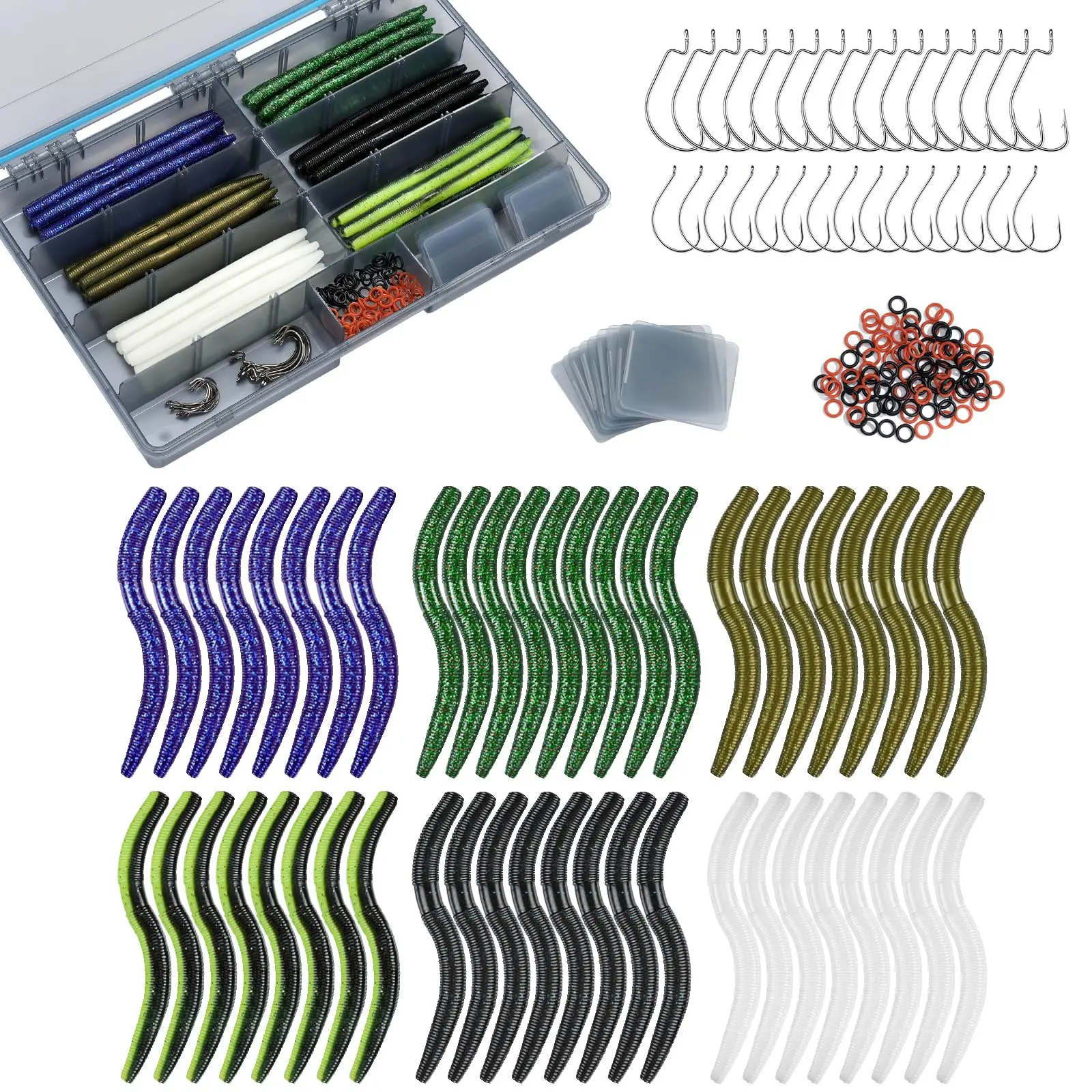KEXMO 179PCS Wacky Rig Fishing Kit for Bass, 5.5 Inch Salt Impregnated Soft Plastic Wacky Worm Lures, 6 Vivid Colors Worm Baits with 30 Wacky Hooks & 100 Rubber O-Rings, Complete Bass Fishing Tackle Set Comes With Waterproof 3700 Storage Tackle Box